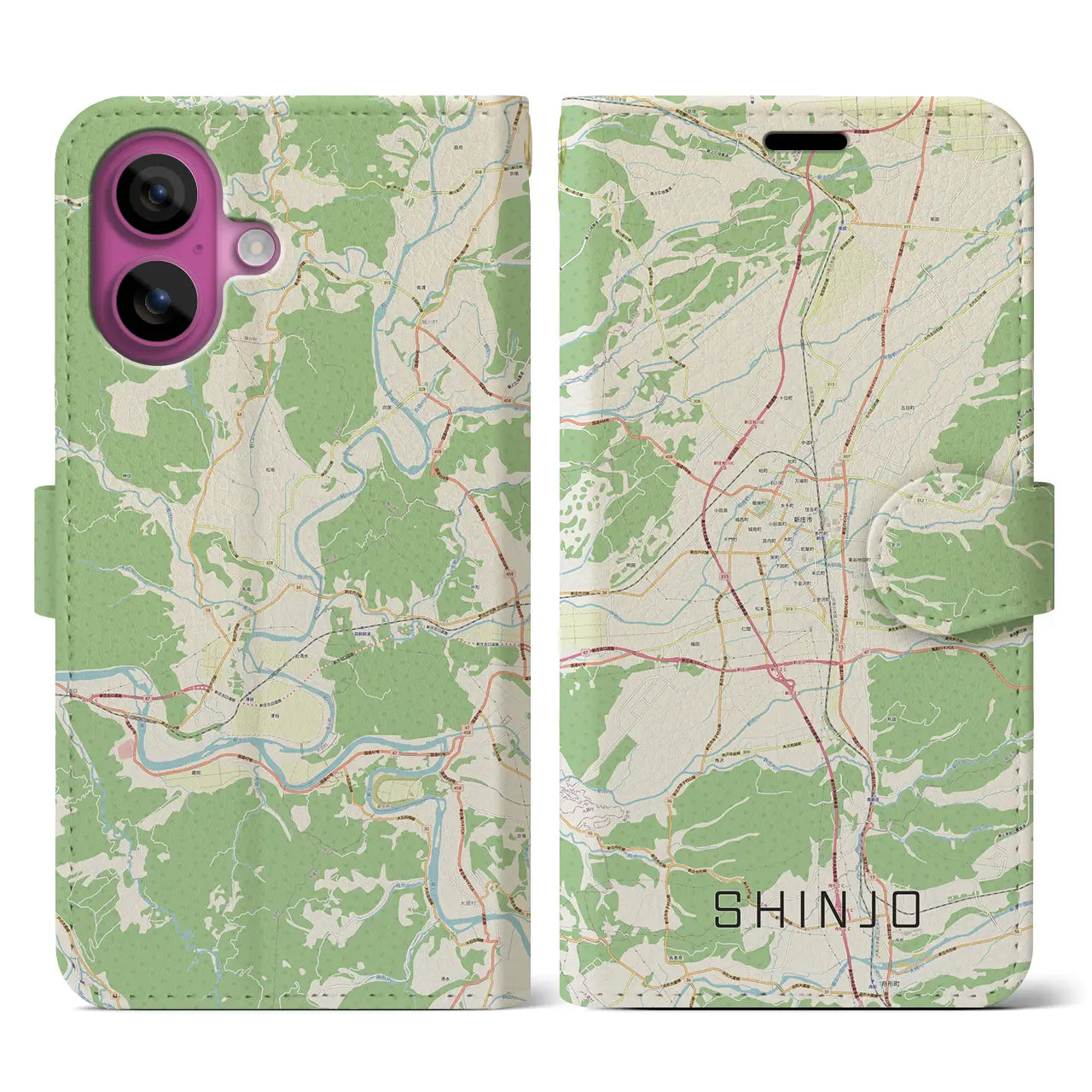 【新庄(山形県)】地図柄iPhoneケース(手帳タイプ)ナチュラル・iPhone 16 Pro 用