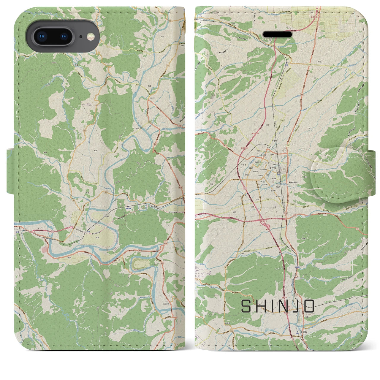 【新庄(山形県)】地図柄iPhoneケース(手帳タイプ)ナチュラル・iPhone 8Plus /7Plus / 6sPlus / 6Plus 用