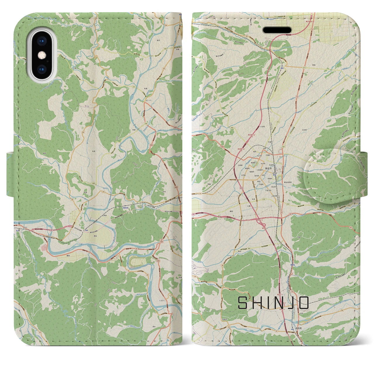 【新庄(山形県)】地図柄iPhoneケース(手帳タイプ)ナチュラル・iPhone XS Max 用