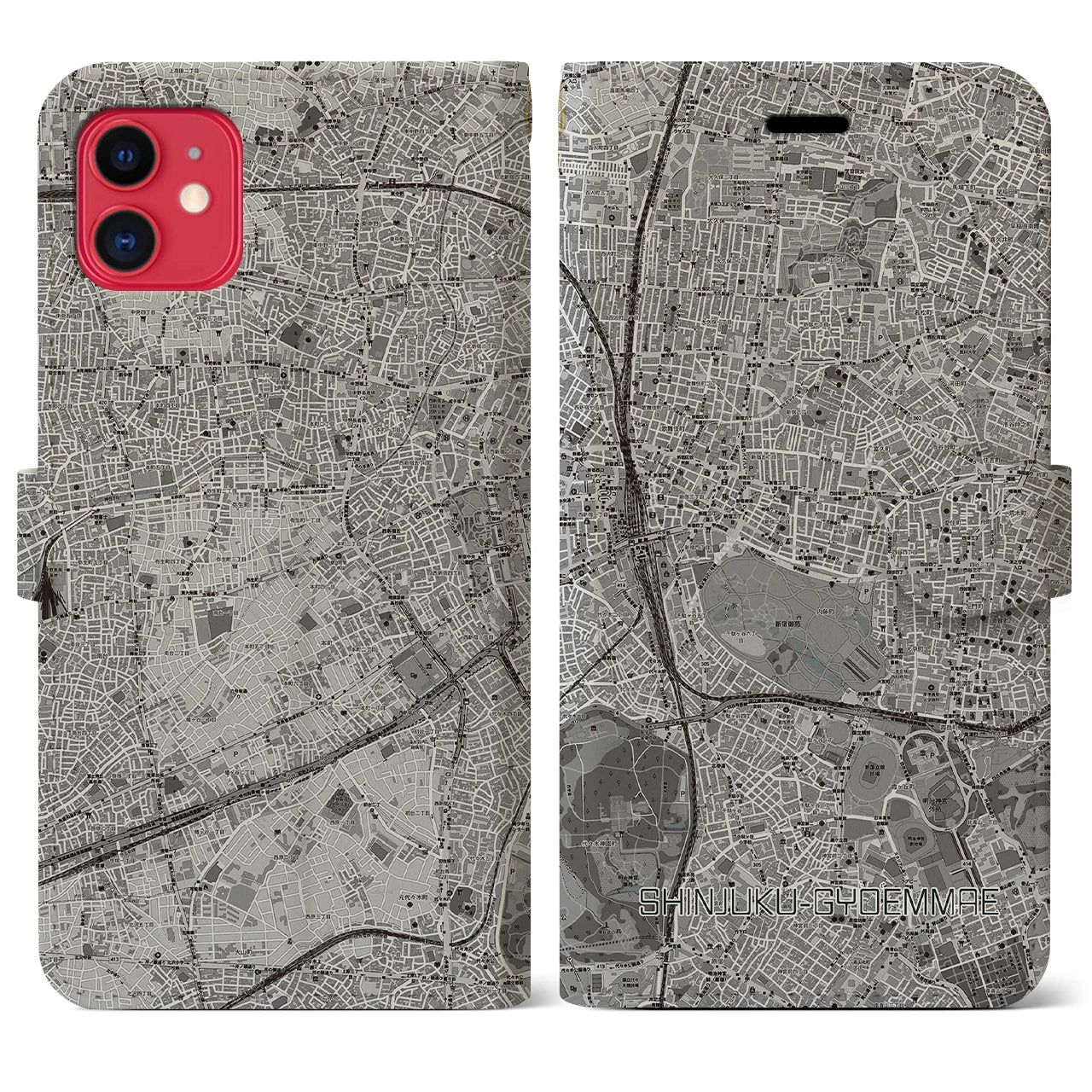【新宿御苑前(東京都)】地図柄iPhoneケース(手帳タイプ)モノトーン・iPhone 11 用