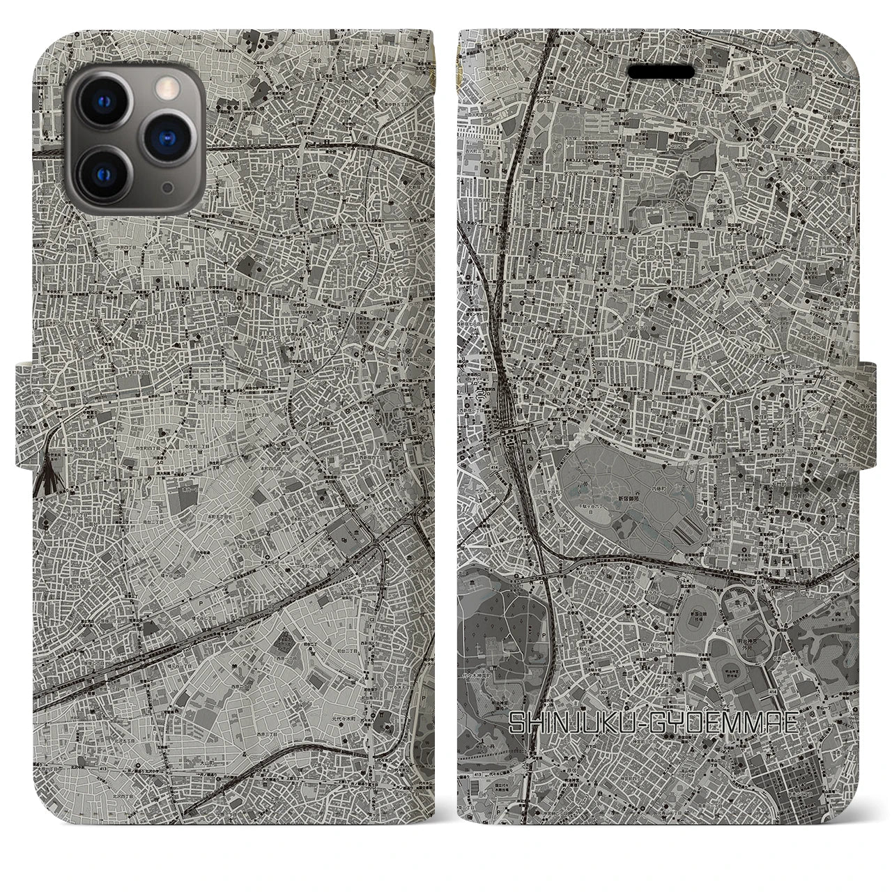 【新宿御苑前(東京都)】地図柄iPhoneケース(手帳タイプ)モノトーン・iPhone 11 Pro Max 用