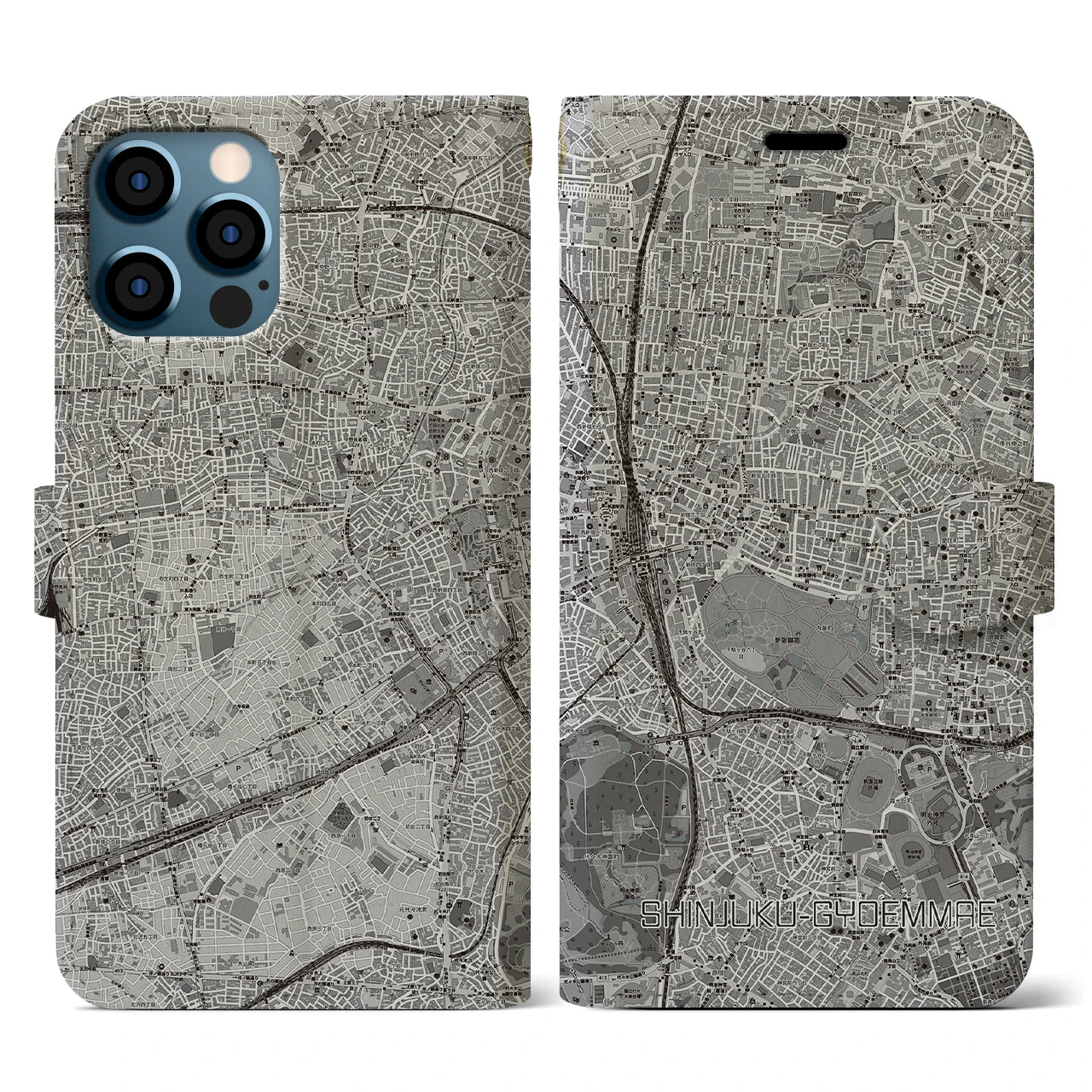 【新宿御苑前(東京都)】地図柄iPhoneケース(手帳タイプ)モノトーン・iPhone 12 / 12 Pro 用