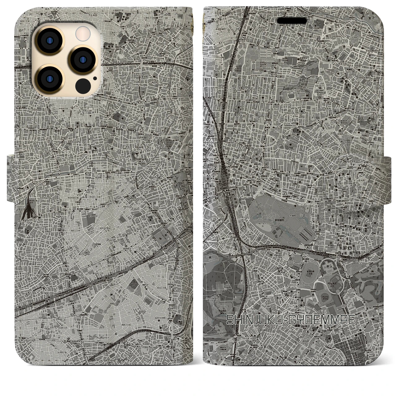 【新宿御苑前(東京都)】地図柄iPhoneケース(手帳タイプ)モノトーン・iPhone 12 Pro Max 用