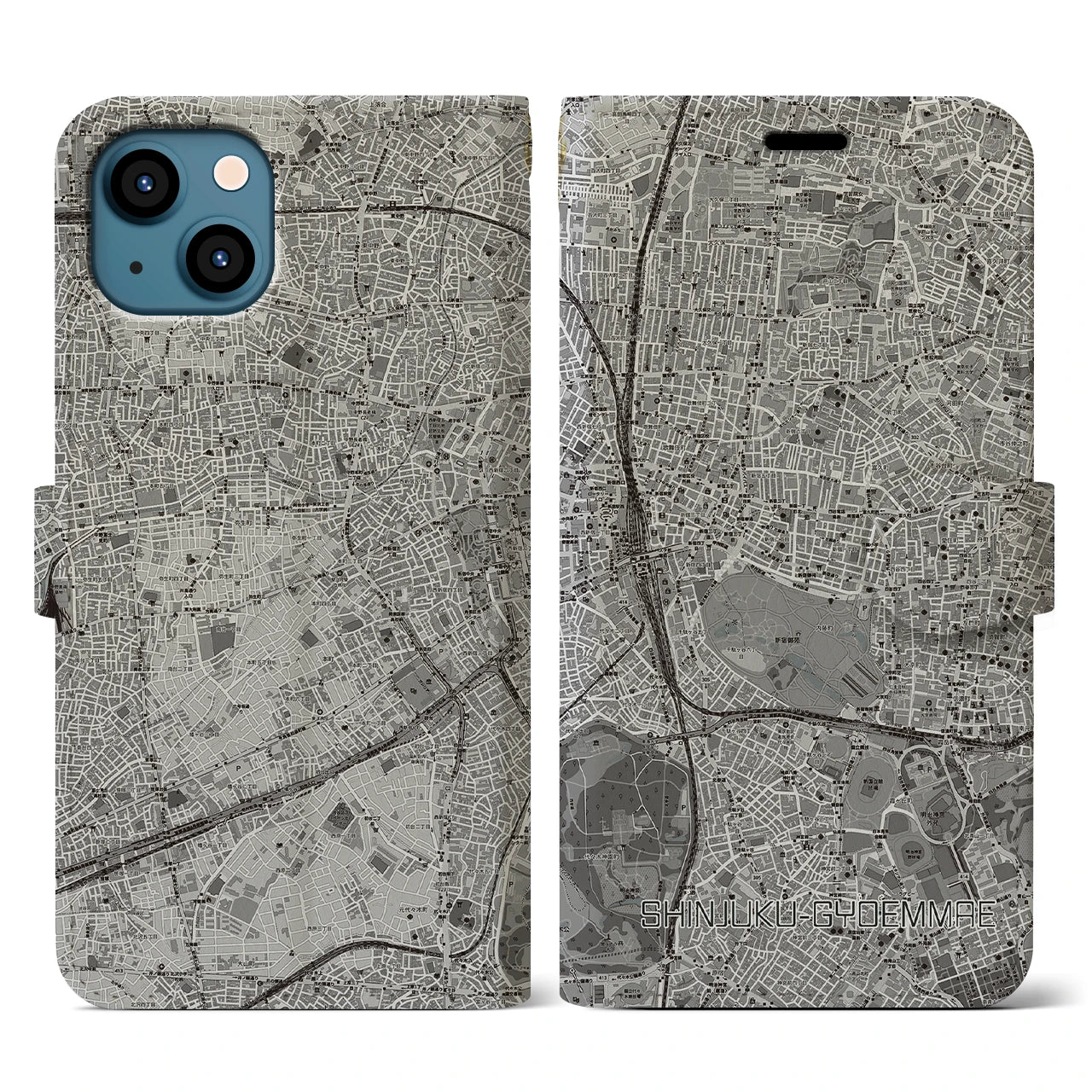 【新宿御苑前(東京都)】地図柄iPhoneケース(手帳タイプ)モノトーン・iPhone 13 用
