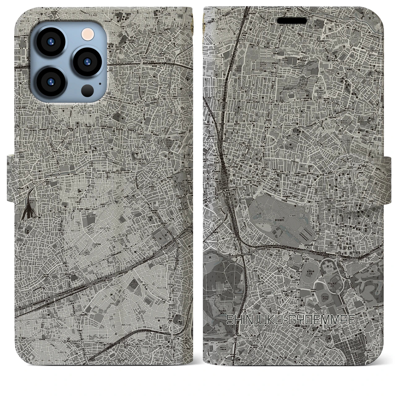 【新宿御苑前(東京都)】地図柄iPhoneケース(手帳タイプ)モノトーン・iPhone 13 Pro Max 用
