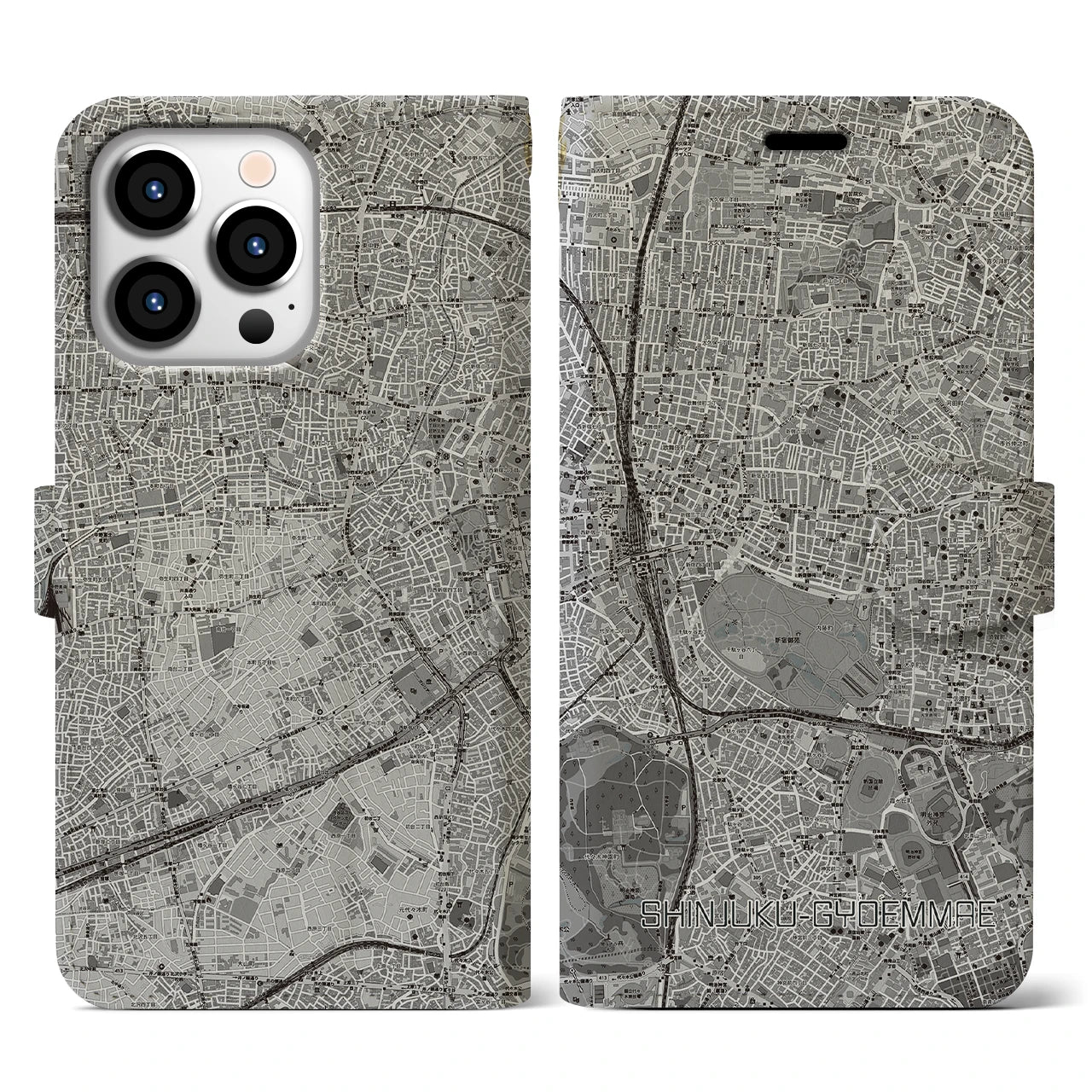 【新宿御苑前(東京都)】地図柄iPhoneケース(手帳タイプ)モノトーン・iPhone 13 Pro 用