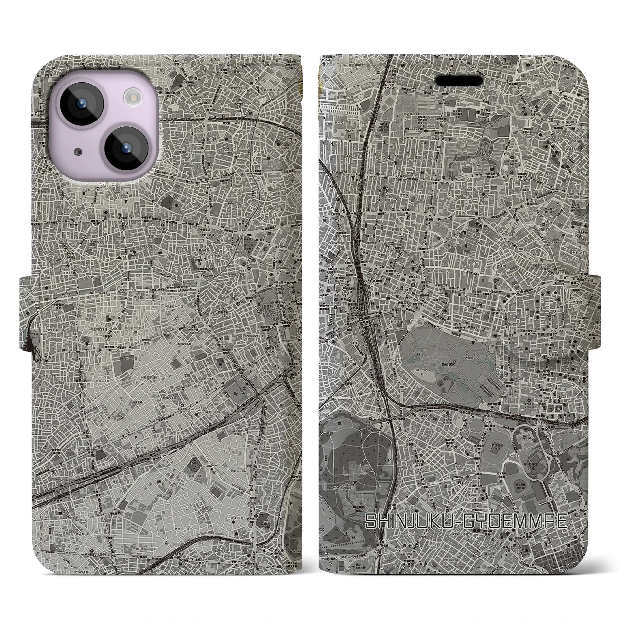 【新宿御苑前(東京都)】地図柄iPhoneケース(手帳タイプ)モノトーン・iPhone 14 用