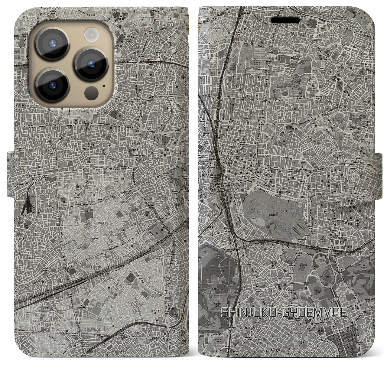 【新宿御苑前(東京都)】地図柄iPhoneケース(手帳タイプ)モノトーン・iPhone 14 Pro Max 用