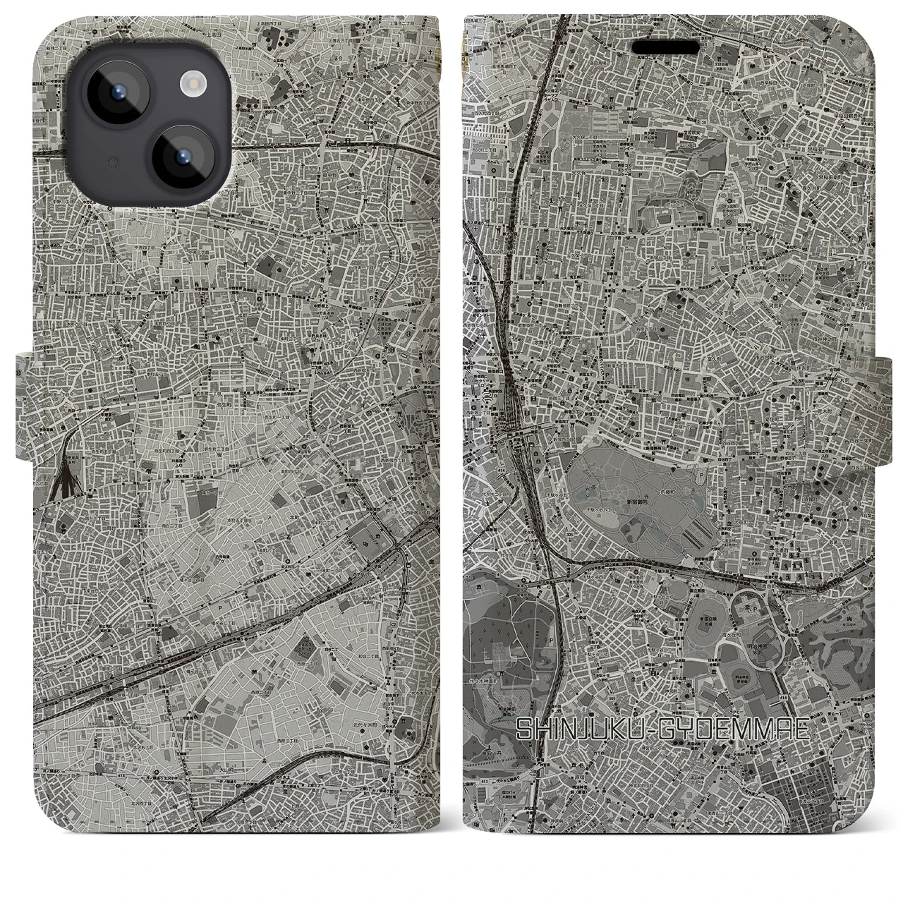 【新宿御苑前(東京都)】地図柄iPhoneケース(手帳タイプ)モノトーン・iPhone 14 Plus 用