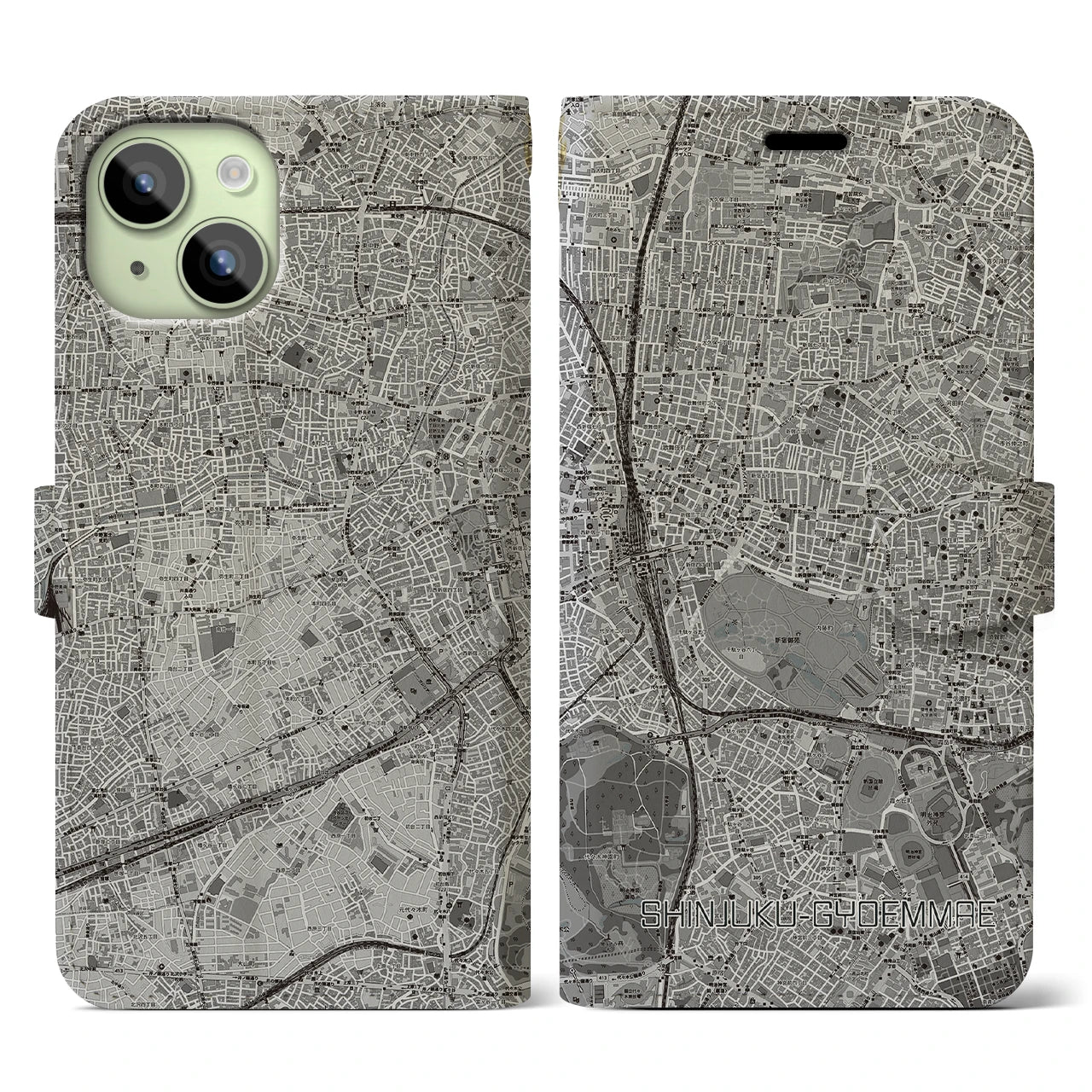 【新宿御苑前(東京都)】地図柄iPhoneケース(手帳タイプ)モノトーン・iPhone 15 用