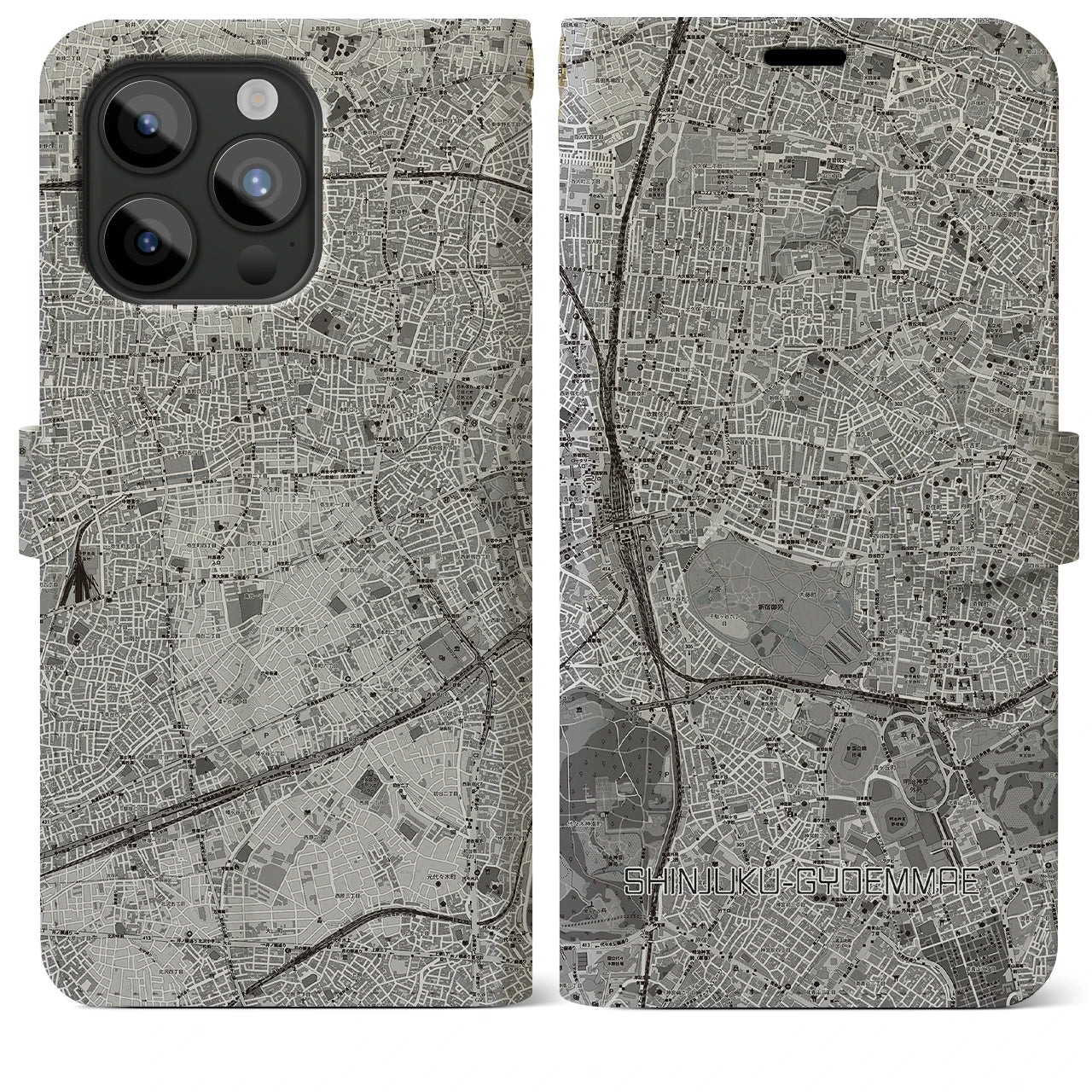 【新宿御苑前(東京都)】地図柄iPhoneケース(手帳タイプ)モノトーン・iPhone 15 Pro Max 用