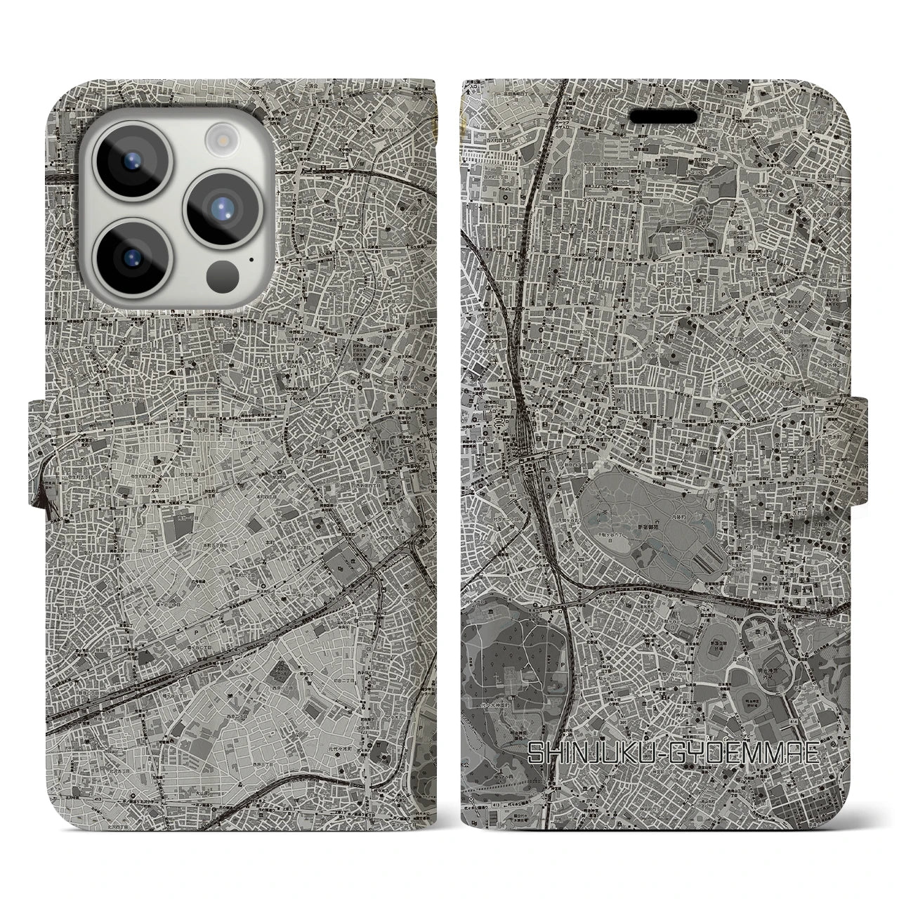 【新宿御苑前(東京都)】地図柄iPhoneケース(手帳タイプ)モノトーン・iPhone 15 Pro 用