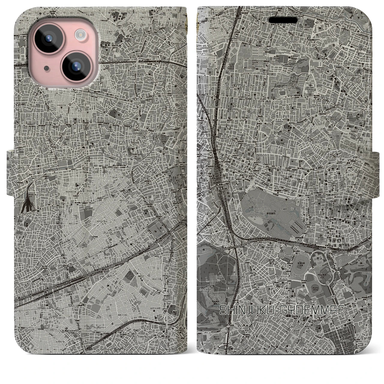【新宿御苑前(東京都)】地図柄iPhoneケース(手帳タイプ)モノトーン・iPhone 15 Plus 用