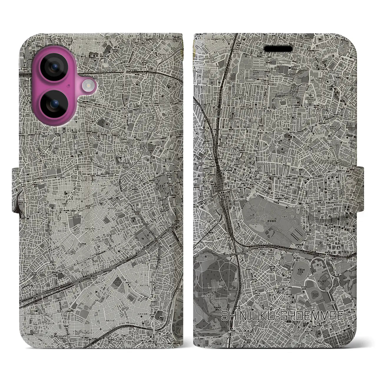 【新宿御苑前(東京都)】地図柄iPhoneケース(手帳タイプ)モノトーン・iPhone 16 Pro 用