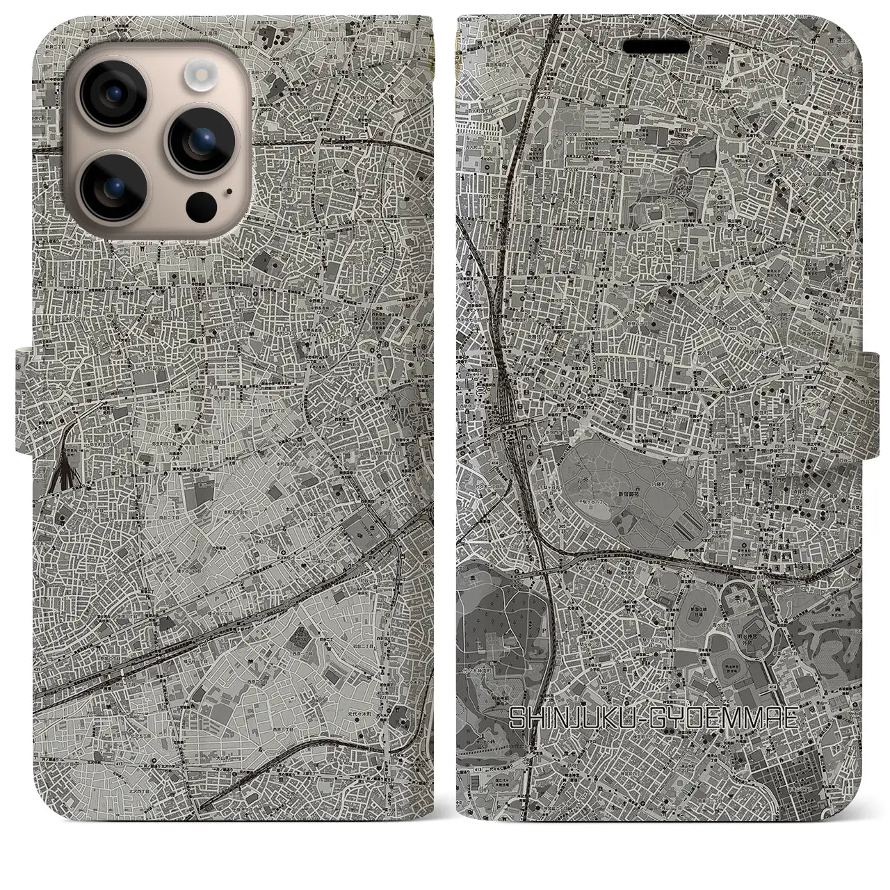【新宿御苑前(東京都)】地図柄iPhoneケース(手帳タイプ)モノトーン・iPhone 16 Plus 用