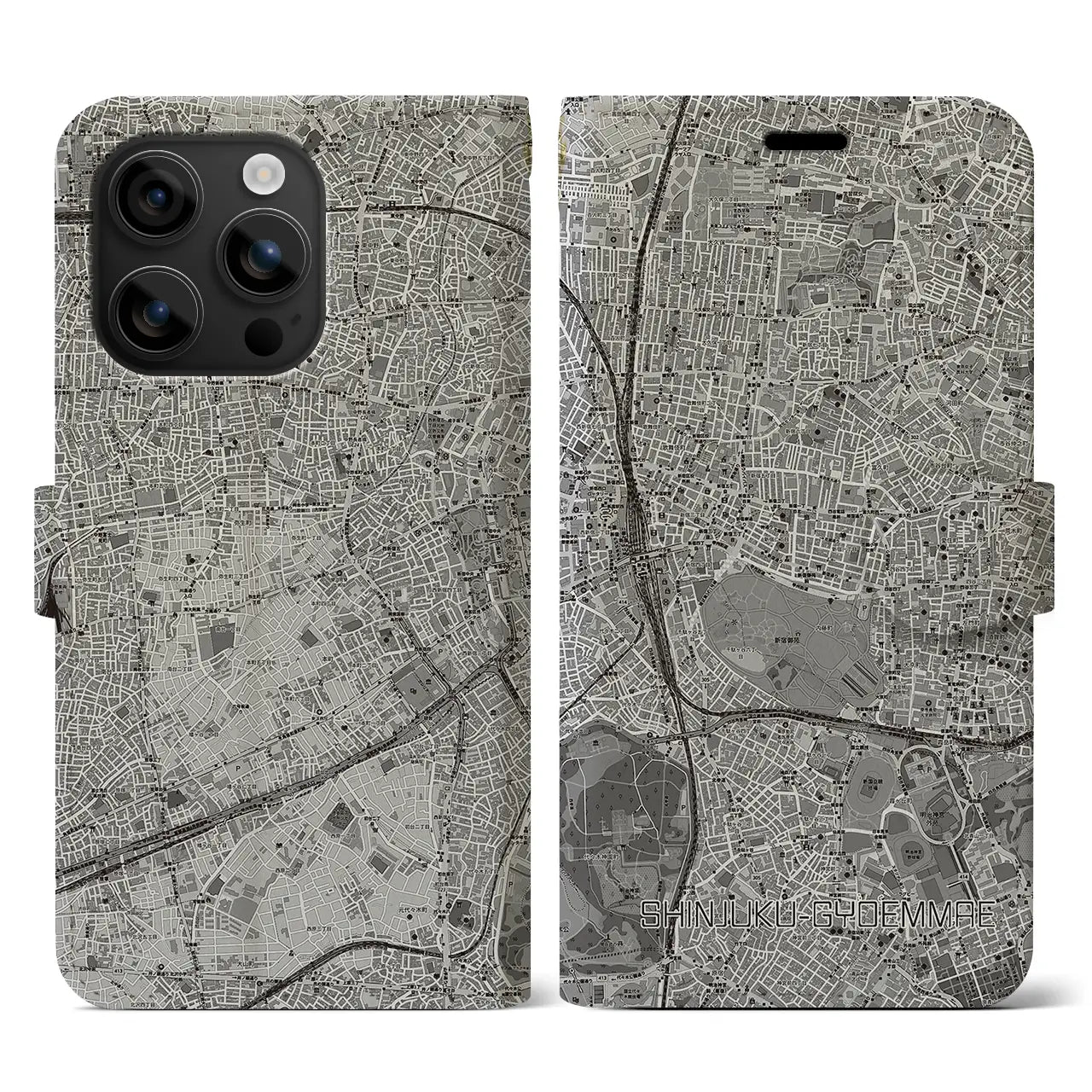 【新宿御苑前(東京都)】地図柄iPhoneケース(手帳タイプ)モノトーン・iPhone 16 用