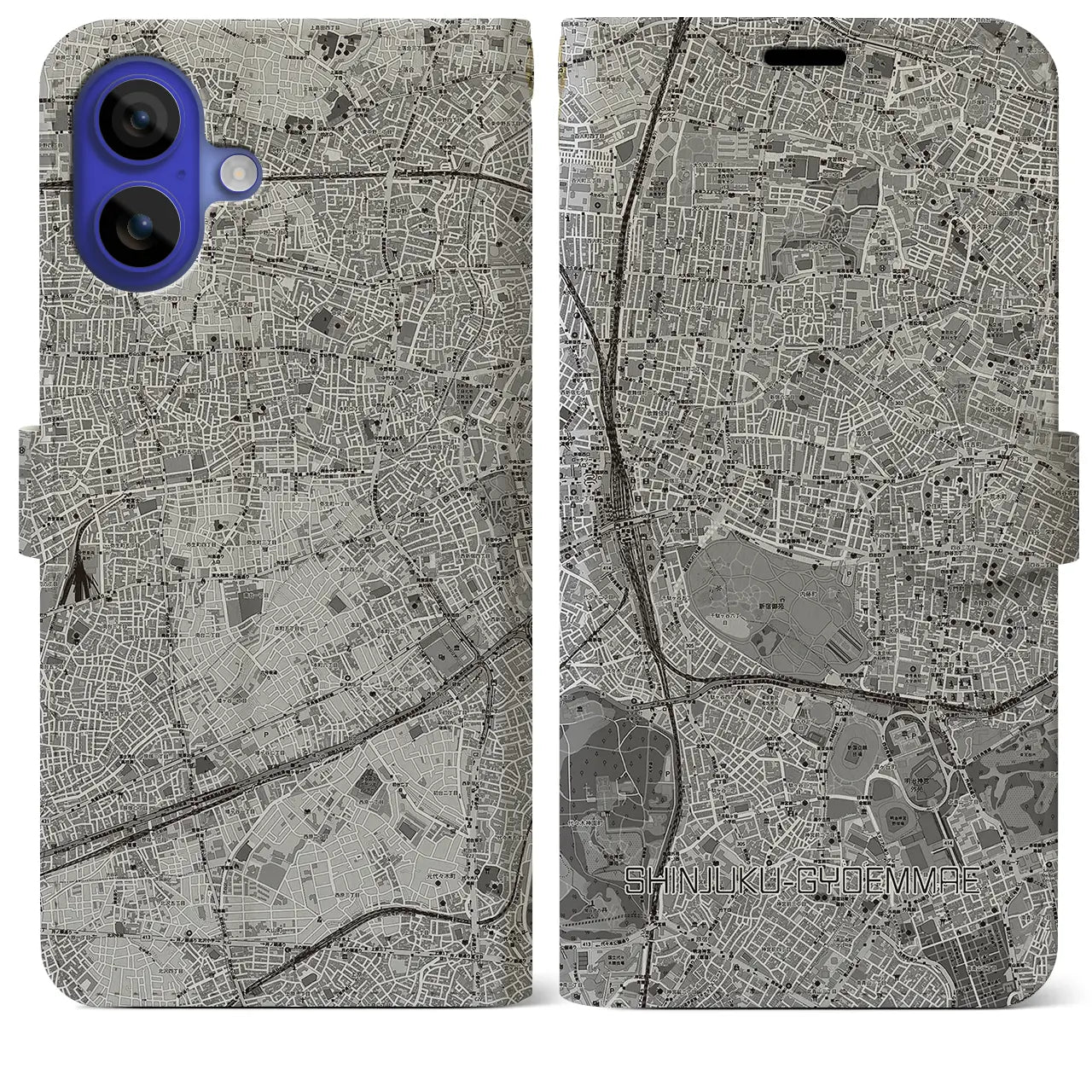 【新宿御苑前(東京都)】地図柄iPhoneケース(手帳タイプ)モノトーン・iPhone 16 Pro Max 用