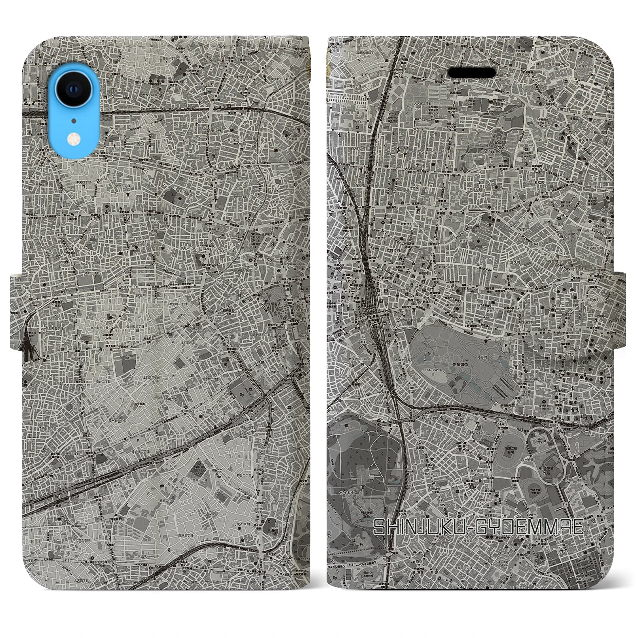 【新宿御苑前(東京都)】地図柄iPhoneケース(手帳タイプ)モノトーン・iPhone XR 用
