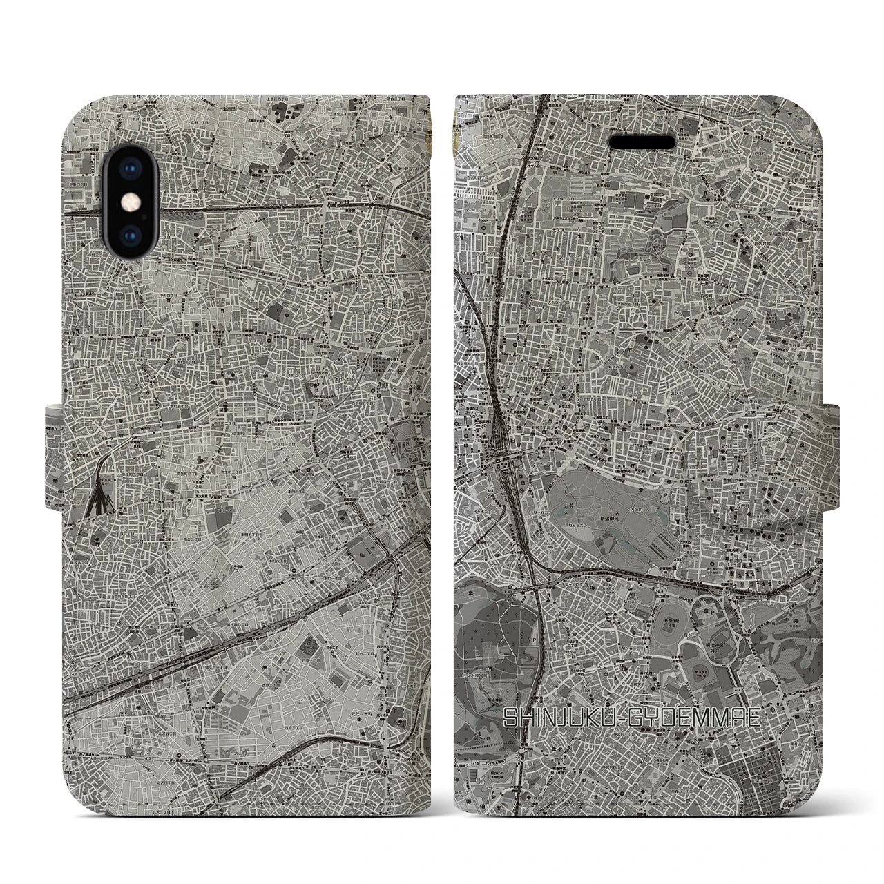 【新宿御苑前(東京都)】地図柄iPhoneケース(手帳タイプ)モノトーン・iPhone XS / X 用