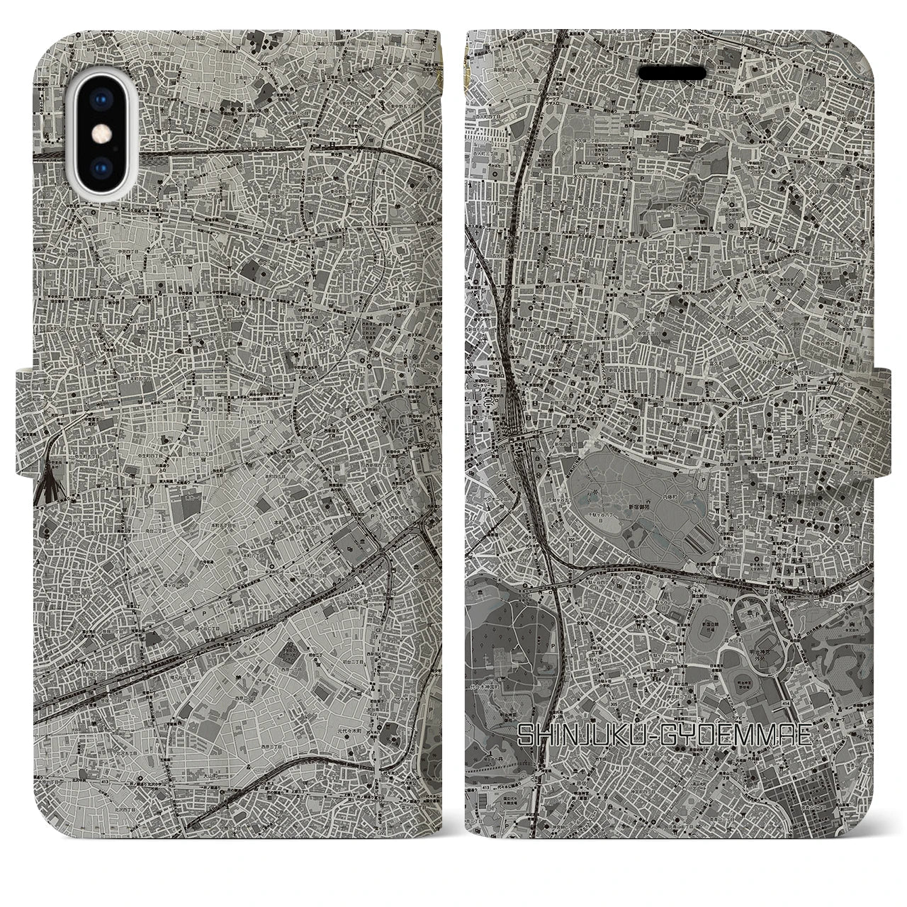 【新宿御苑前(東京都)】地図柄iPhoneケース(手帳タイプ)モノトーン・iPhone XS Max 用
