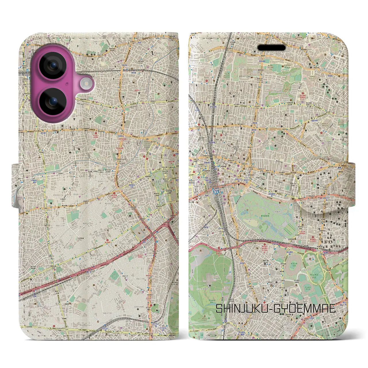 【新宿御苑前(東京都)】地図柄iPhoneケース(手帳タイプ)ナチュラル・iPhone 16 Pro 用