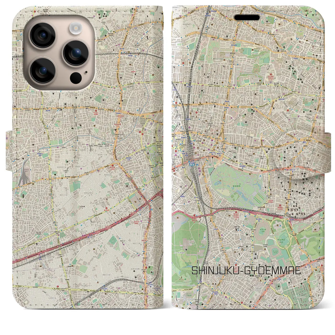 【新宿御苑前(東京都)】地図柄iPhoneケース(手帳タイプ)ナチュラル・iPhone 16 Plus 用