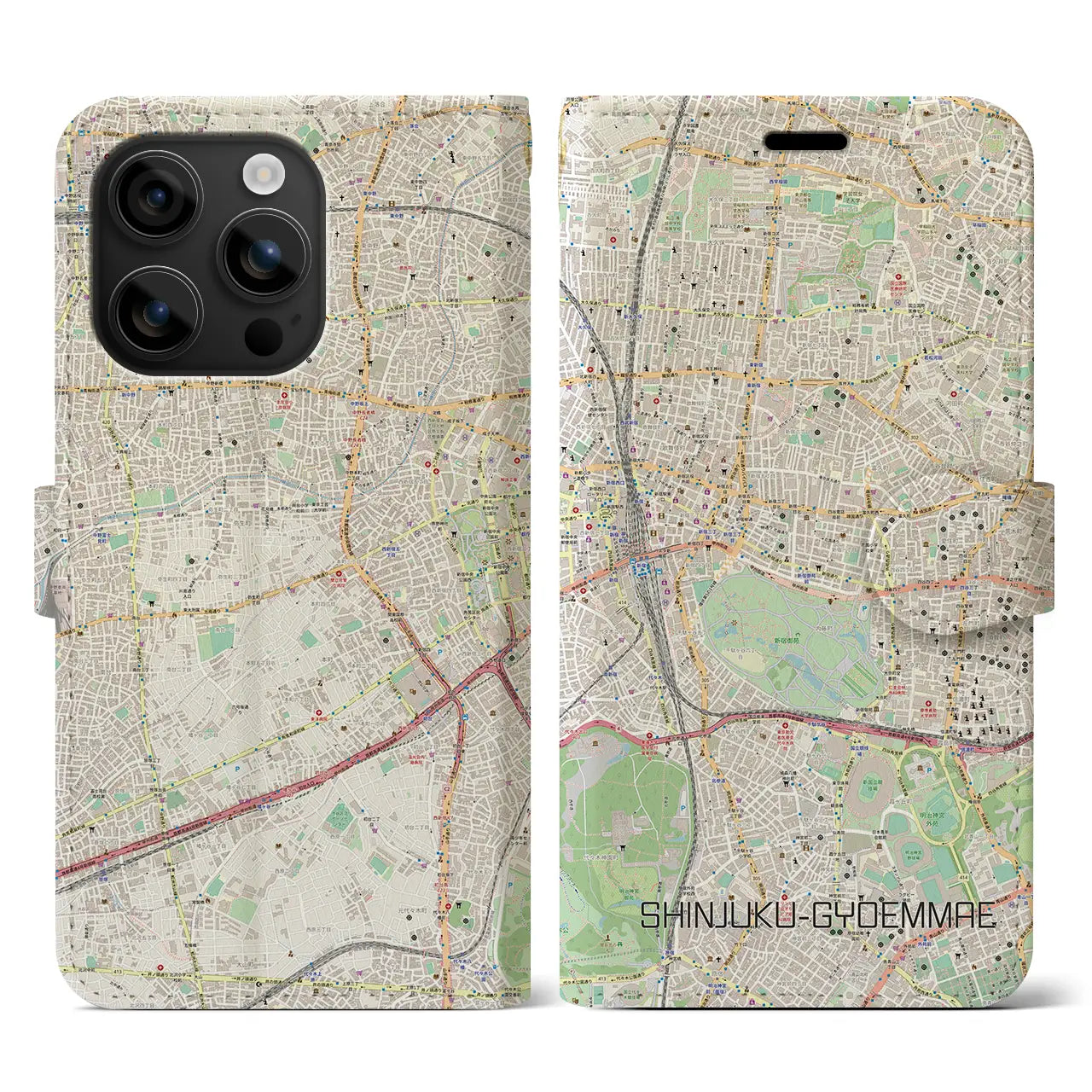 【新宿御苑前(東京都)】地図柄iPhoneケース(手帳タイプ)ナチュラル・iPhone 16 用