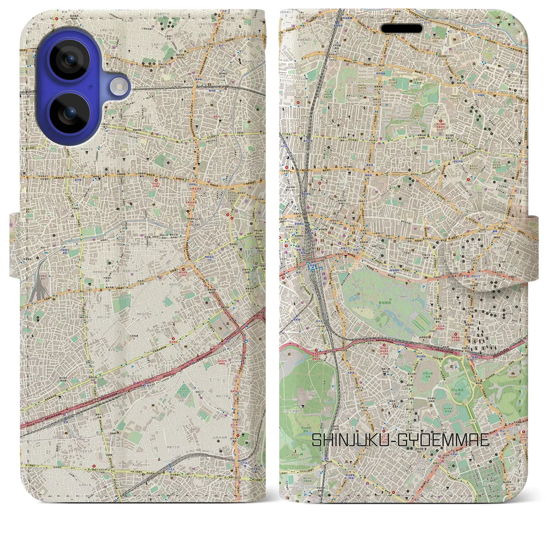 【新宿御苑前(東京都)】地図柄iPhoneケース(手帳タイプ)ナチュラル・iPhone 16 Pro Max 用