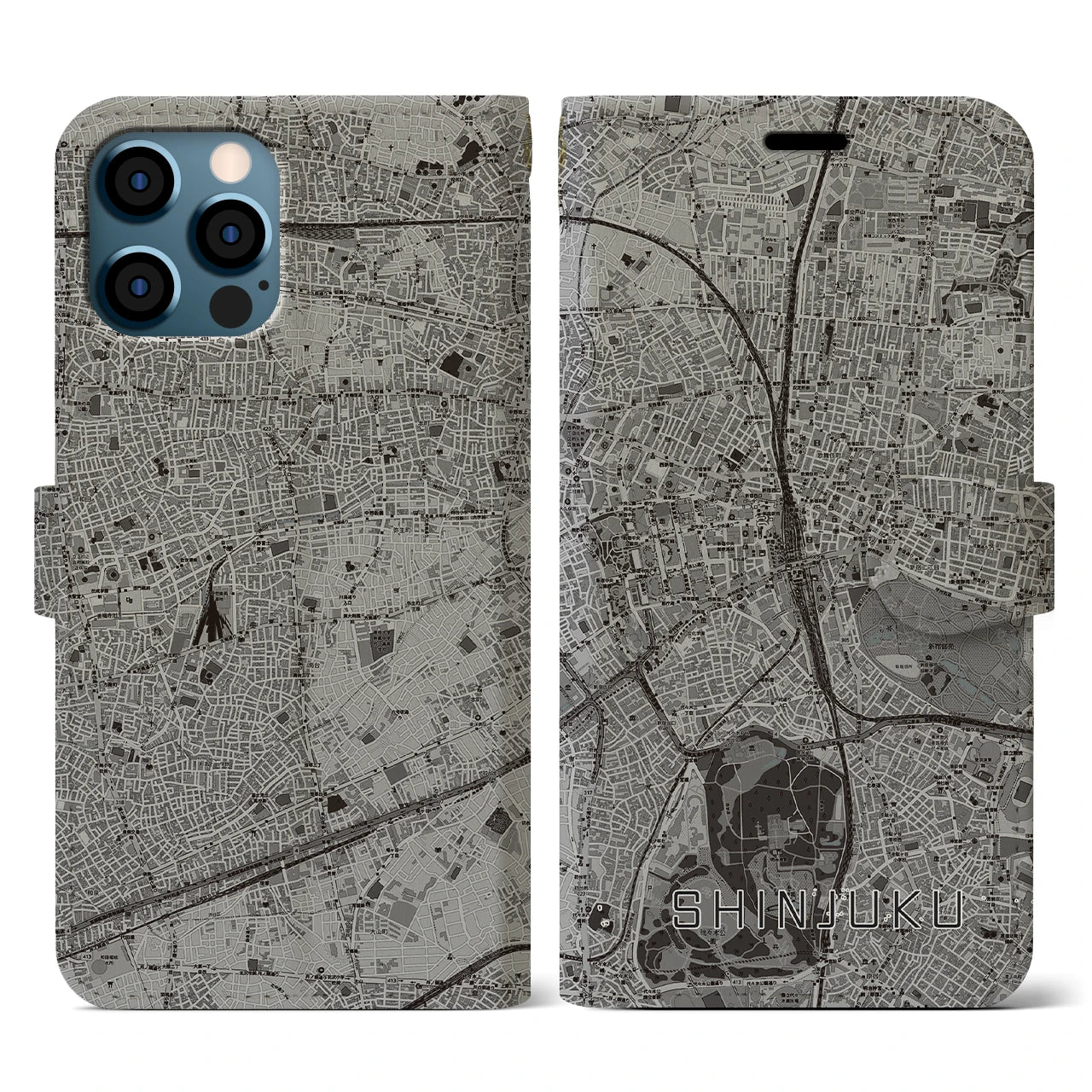 【新宿(東京都)】地図柄iPhoneケース(手帳タイプ)モノトーン・iPhone 12 / 12 Pro 用
