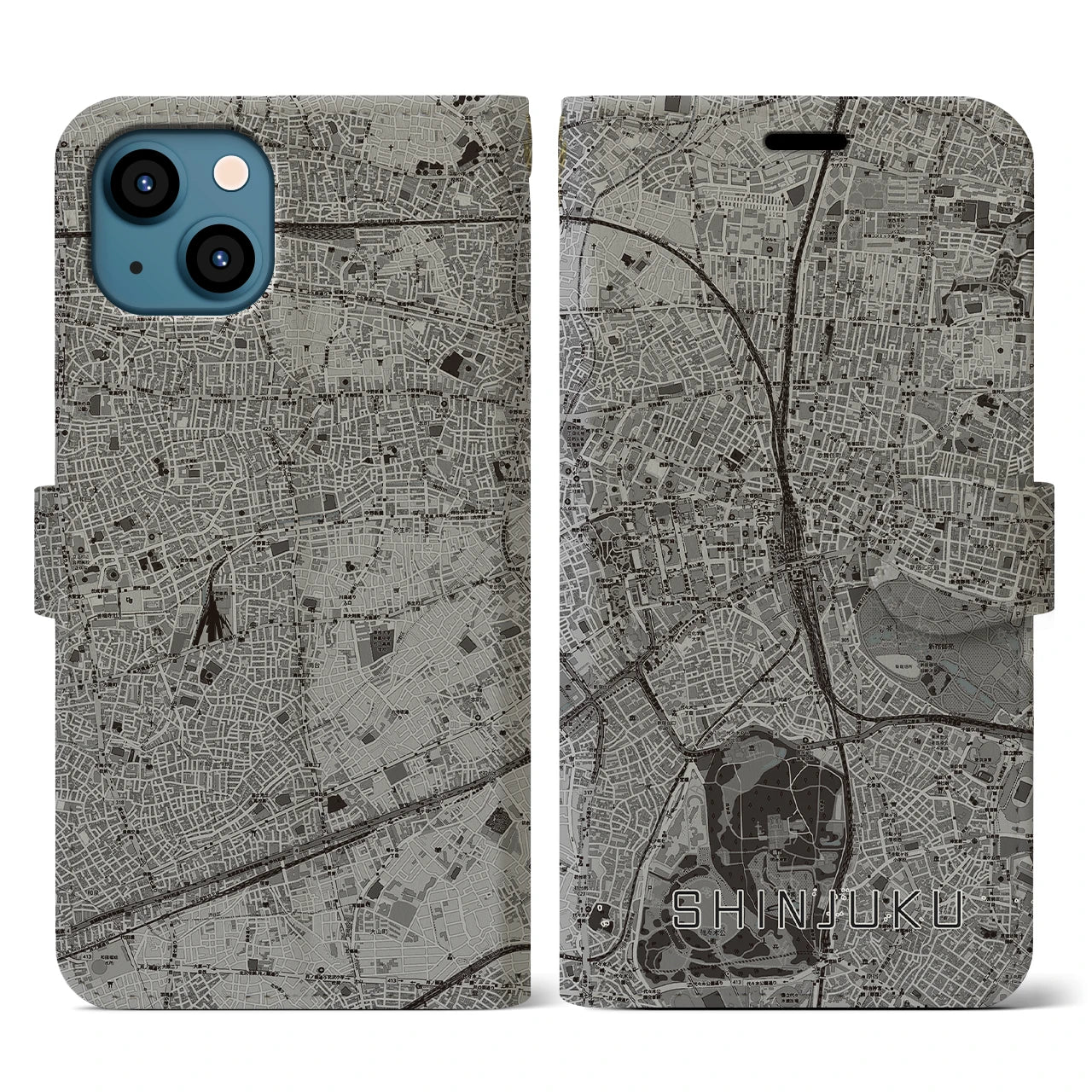 【新宿(東京都)】地図柄iPhoneケース(手帳タイプ)モノトーン・iPhone 13 用