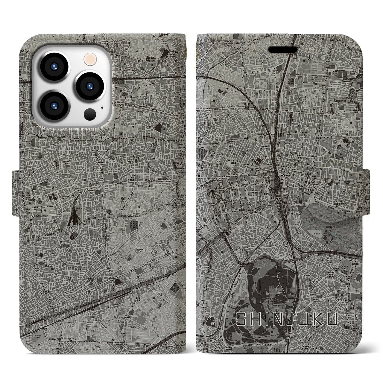 【新宿(東京都)】地図柄iPhoneケース(手帳タイプ)モノトーン・iPhone 13 Pro 用