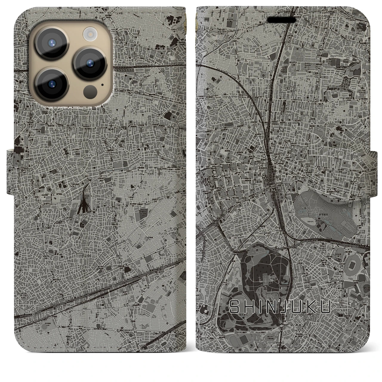 【新宿(東京都)】地図柄iPhoneケース(手帳タイプ)モノトーン・iPhone 14 Pro Max 用