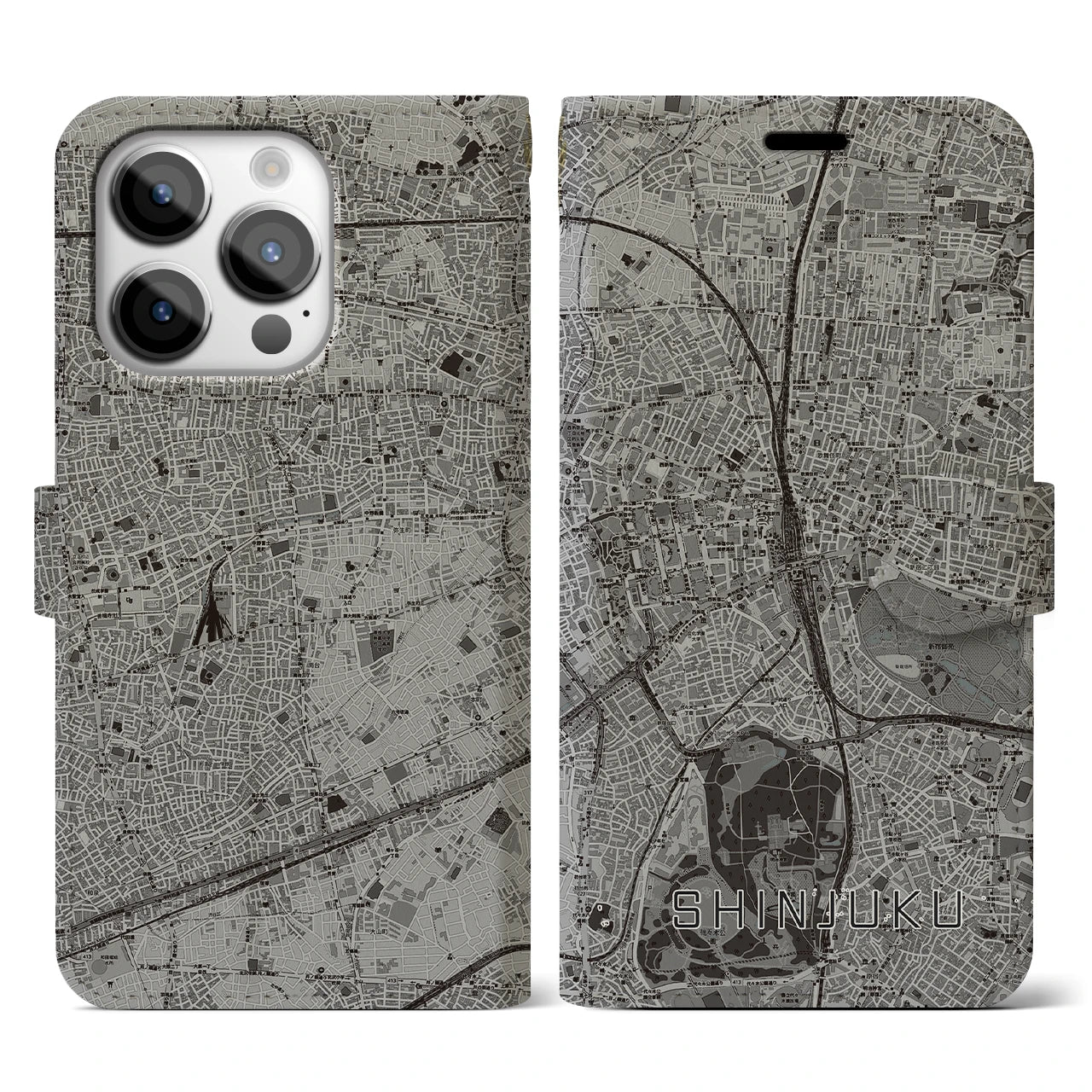 【新宿(東京都)】地図柄iPhoneケース(手帳タイプ)モノトーン・iPhone 14 Pro 用