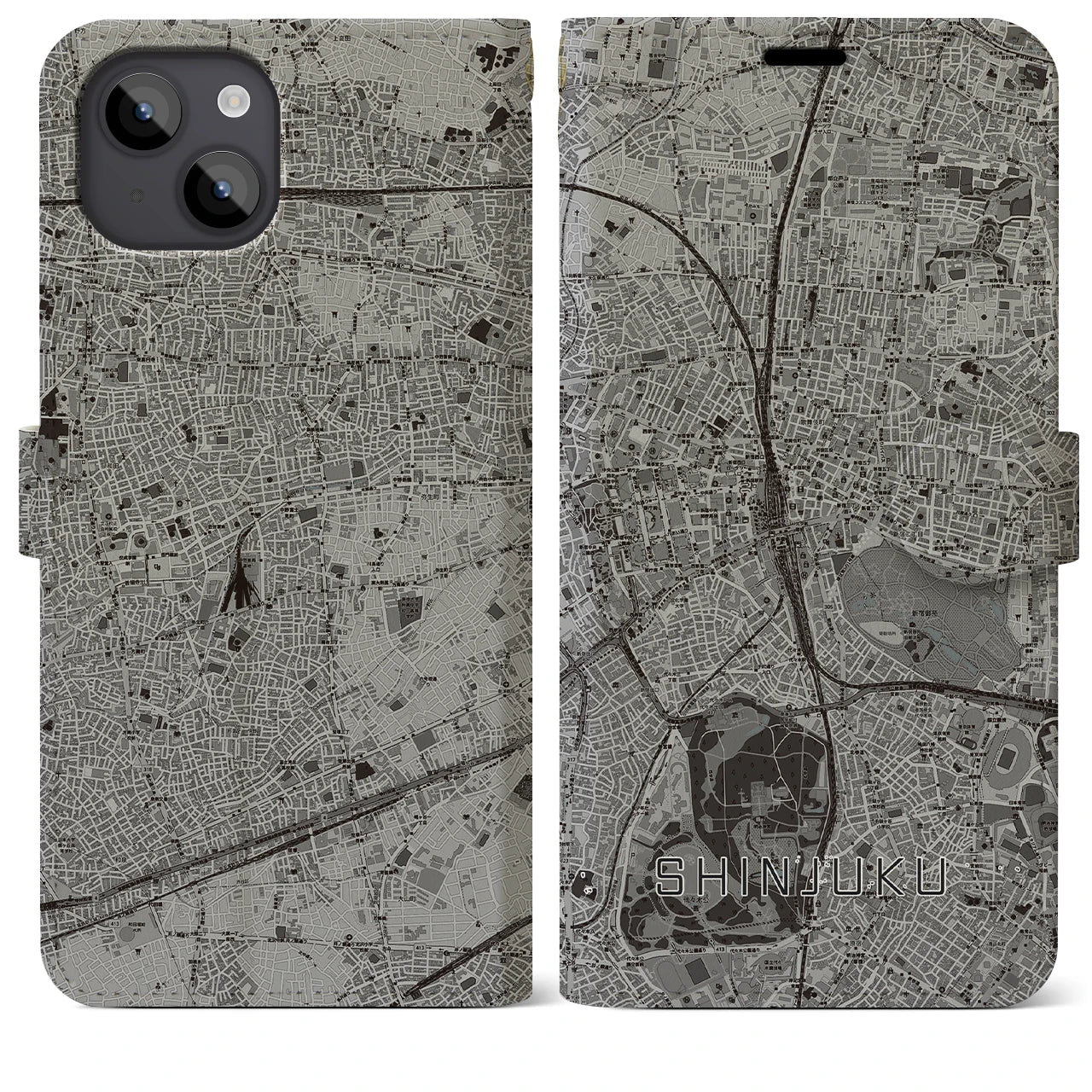 【新宿(東京都)】地図柄iPhoneケース(手帳タイプ)モノトーン・iPhone 14 Plus 用
