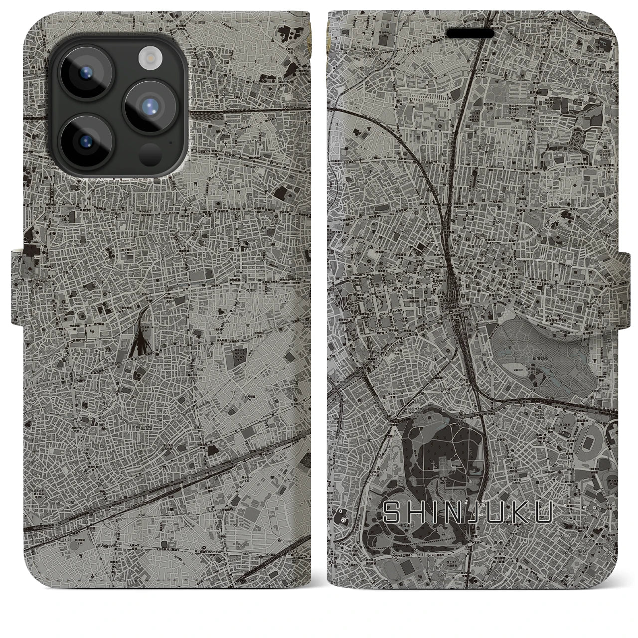 【新宿(東京都)】地図柄iPhoneケース(手帳タイプ)モノトーン・iPhone 15 Pro Max 用