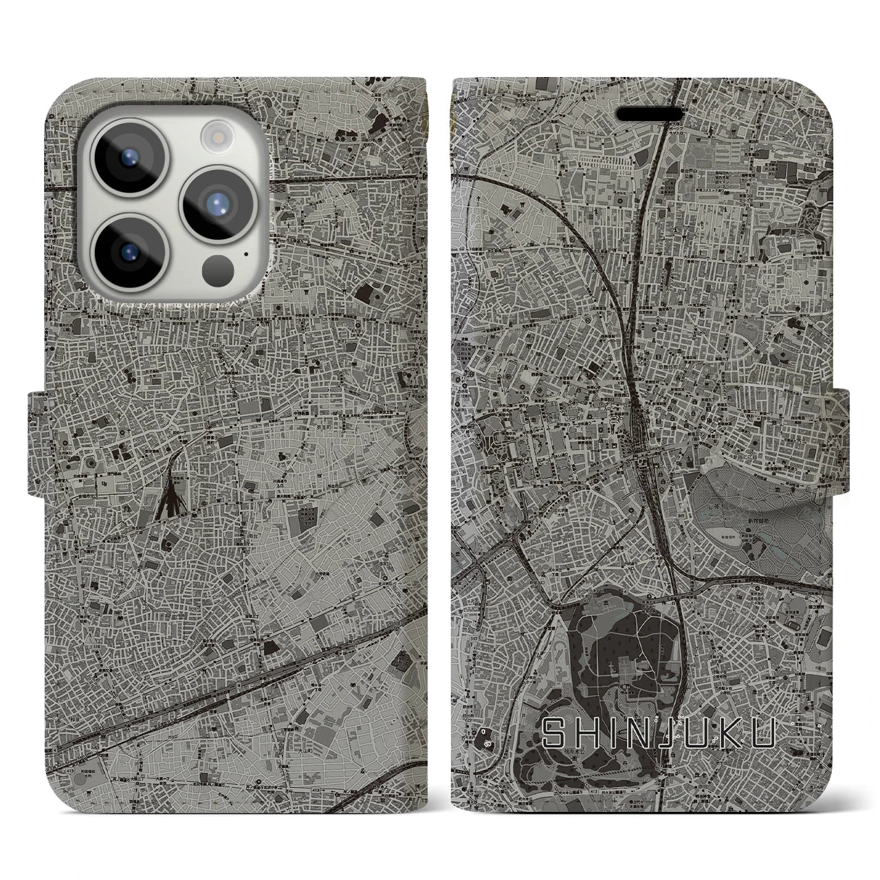 【新宿(東京都)】地図柄iPhoneケース(手帳タイプ)モノトーン・iPhone 15 Pro 用