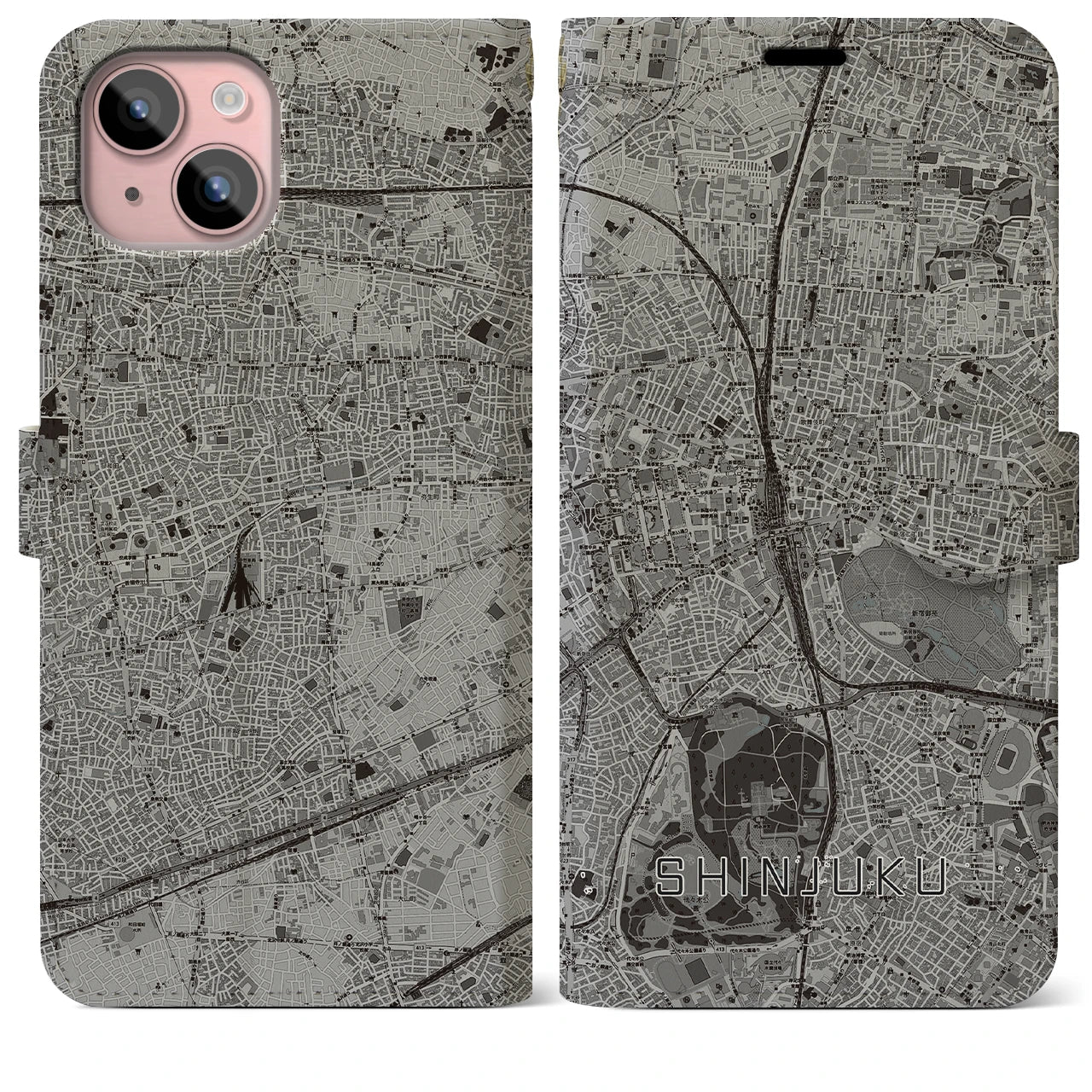 【新宿(東京都)】地図柄iPhoneケース(手帳タイプ)モノトーン・iPhone 15 Plus 用