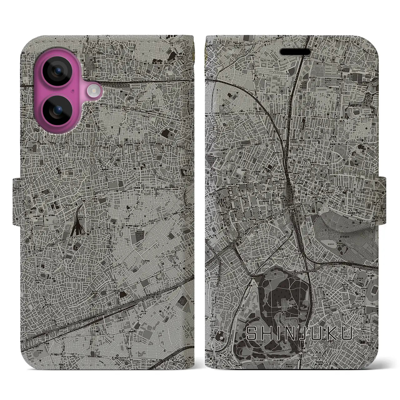 【新宿(東京都)】地図柄iPhoneケース(手帳タイプ)モノトーン・iPhone 16 Pro 用