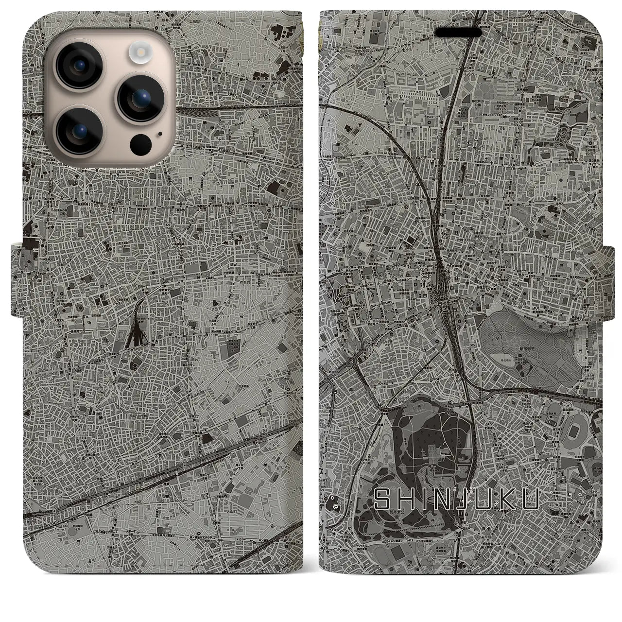 【新宿(東京都)】地図柄iPhoneケース(手帳タイプ)モノトーン・iPhone 16 Plus 用