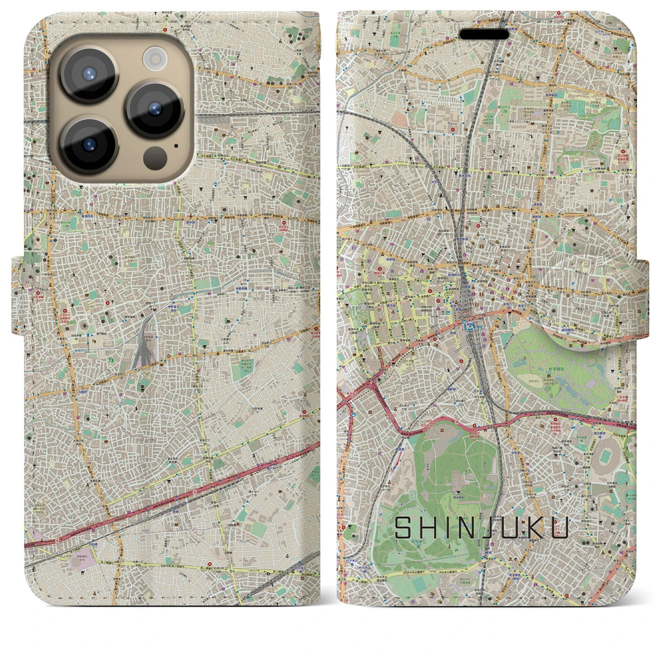 【新宿(東京都)】地図柄iPhoneケース(手帳タイプ)ナチュラル・iPhone 14 Pro Max 用
