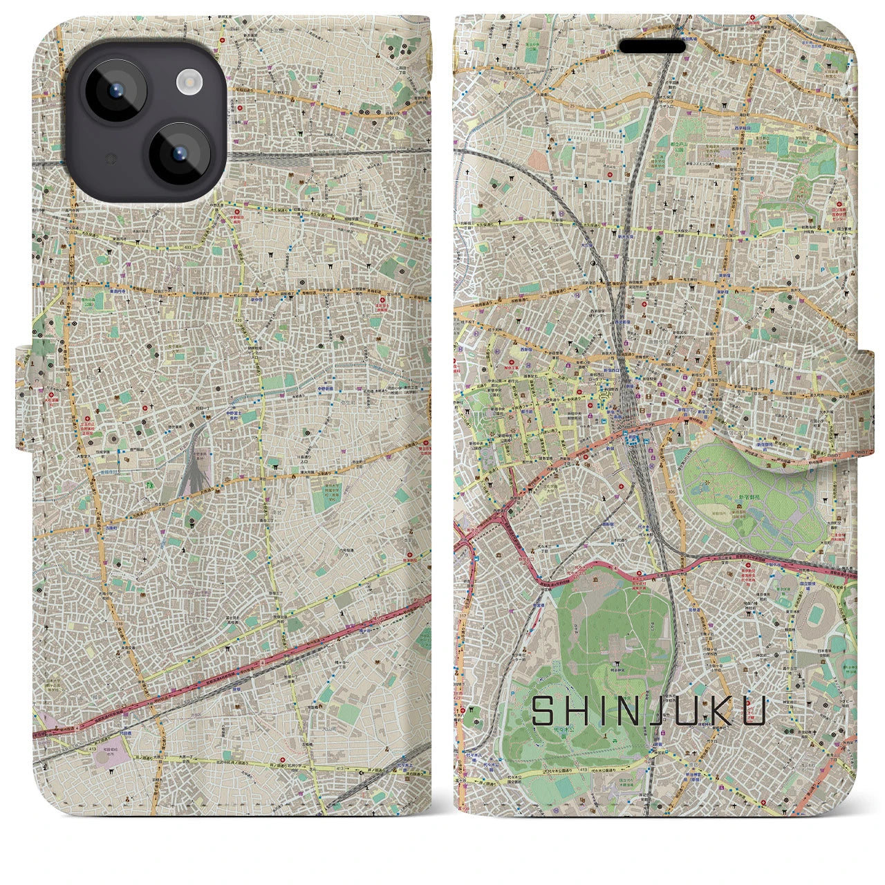 【新宿(東京都)】地図柄iPhoneケース(手帳タイプ)ナチュラル・iPhone 14 Plus 用