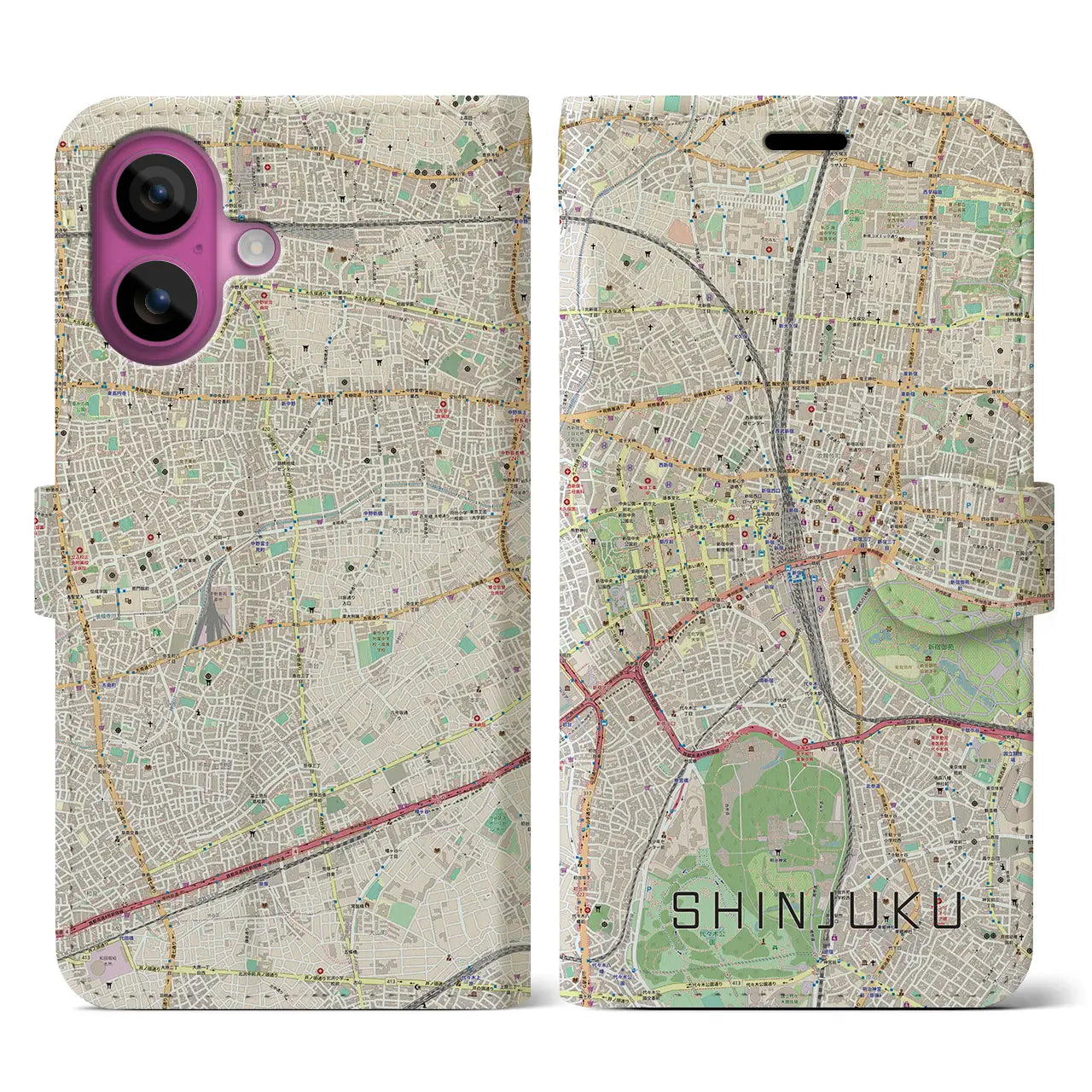 【新宿(東京都)】地図柄iPhoneケース(手帳タイプ)ナチュラル・iPhone 16 Pro 用