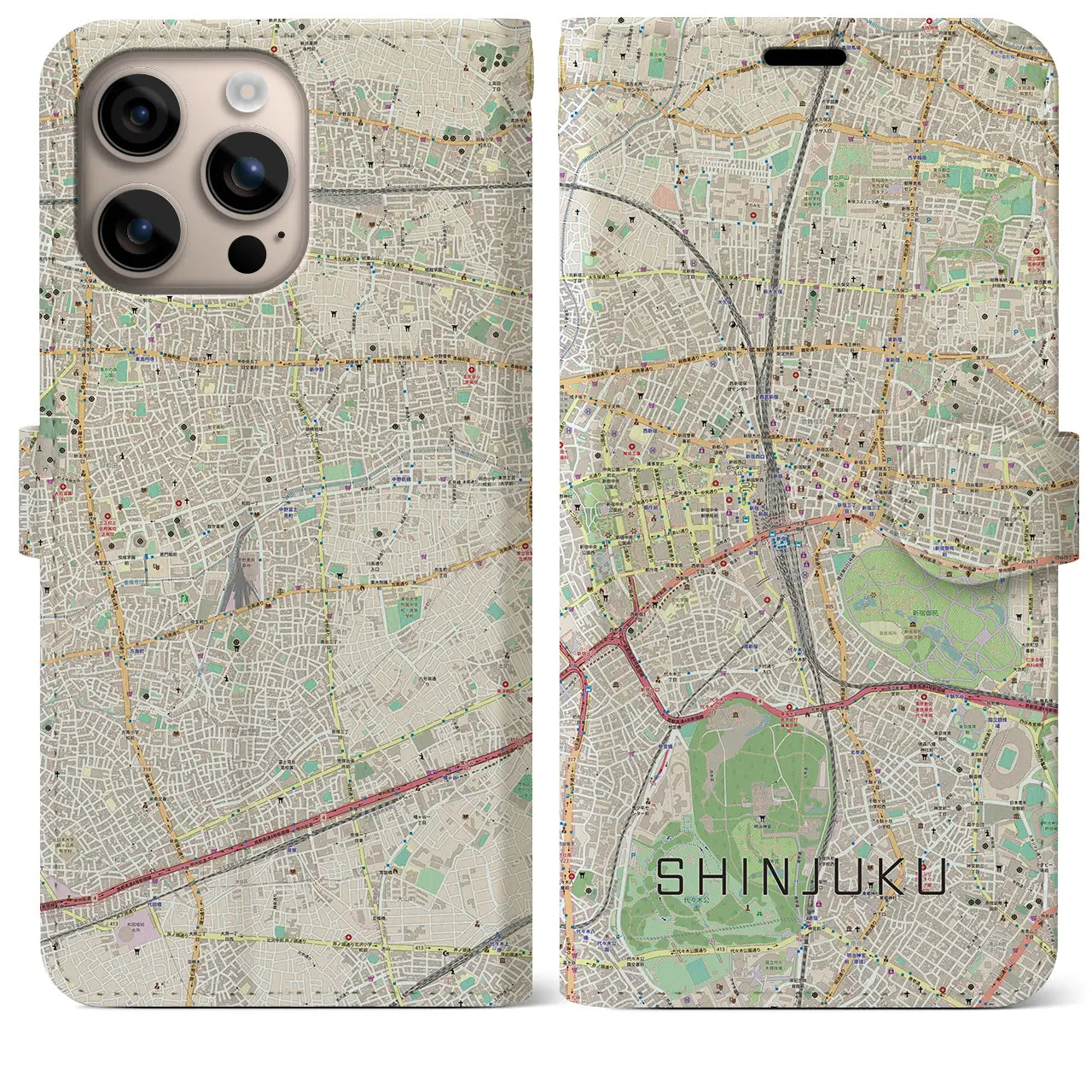 【新宿(東京都)】地図柄iPhoneケース(手帳タイプ)ナチュラル・iPhone 16 Plus 用