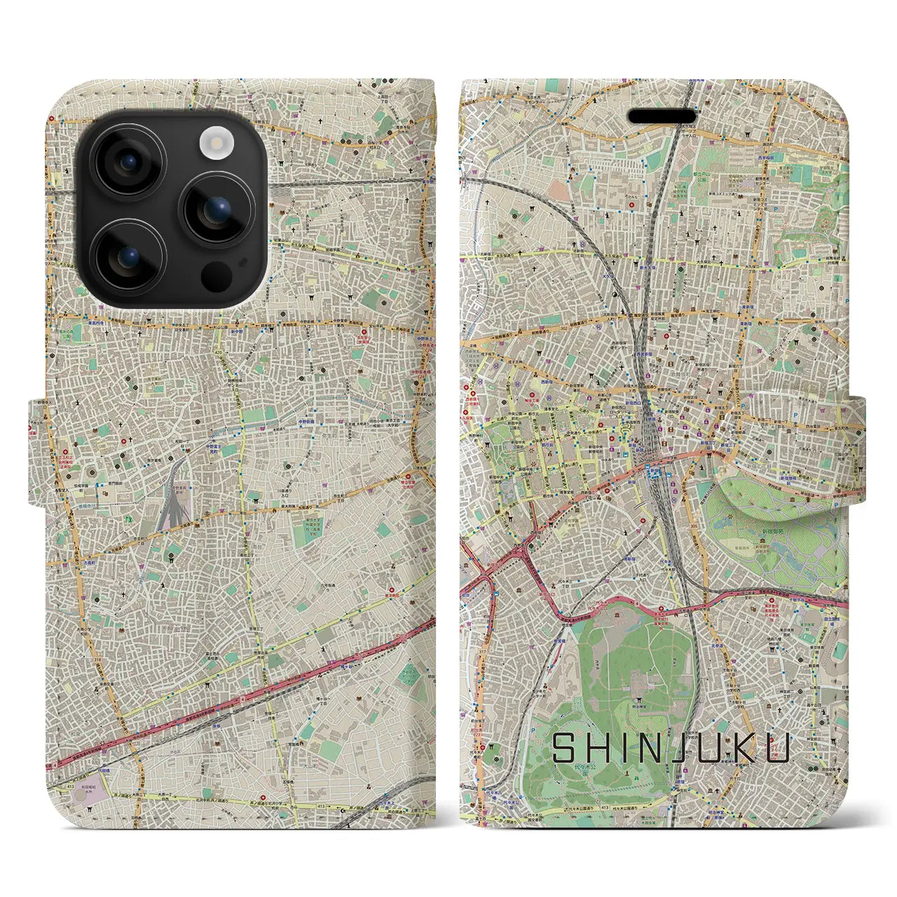 【新宿(東京都)】地図柄iPhoneケース(手帳タイプ)ナチュラル・iPhone 16 用
