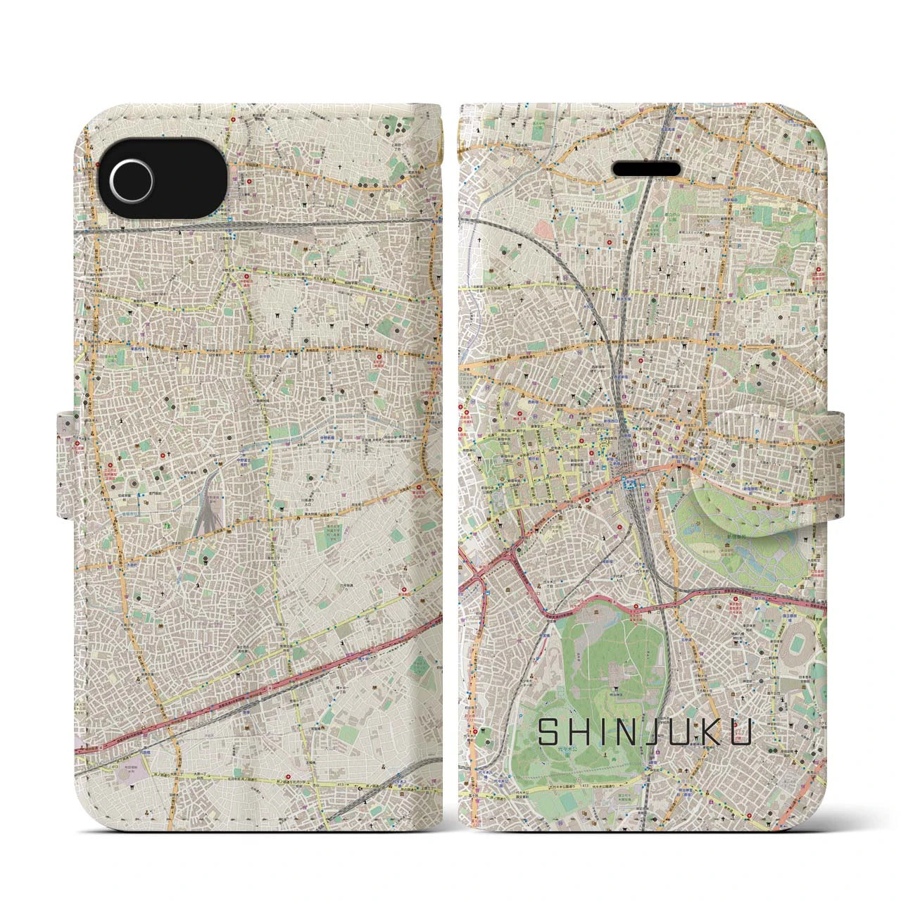 【新宿(東京都)】地図柄iPhoneケース(手帳タイプ)ナチュラル・iPhone SE(第3 / 第2世代) / 8 / 7 / 6s / 6 用