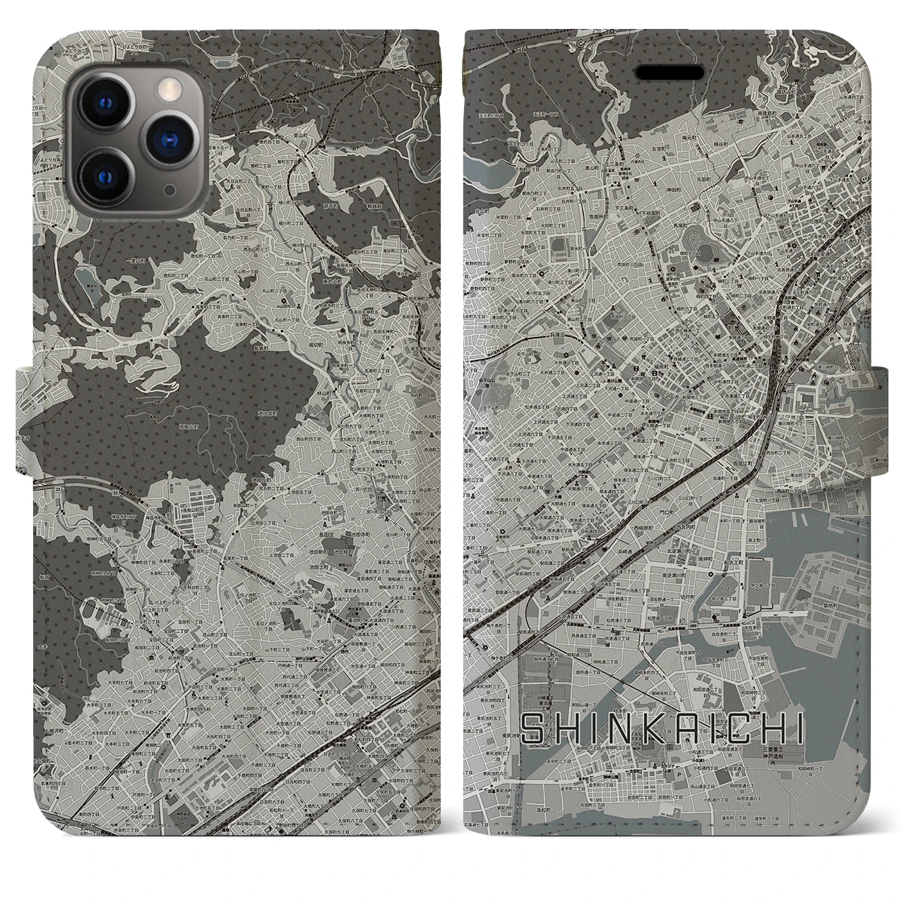 【新開地(兵庫県)】地図柄iPhoneケース(手帳タイプ)モノトーン・iPhone 11 Pro Max 用