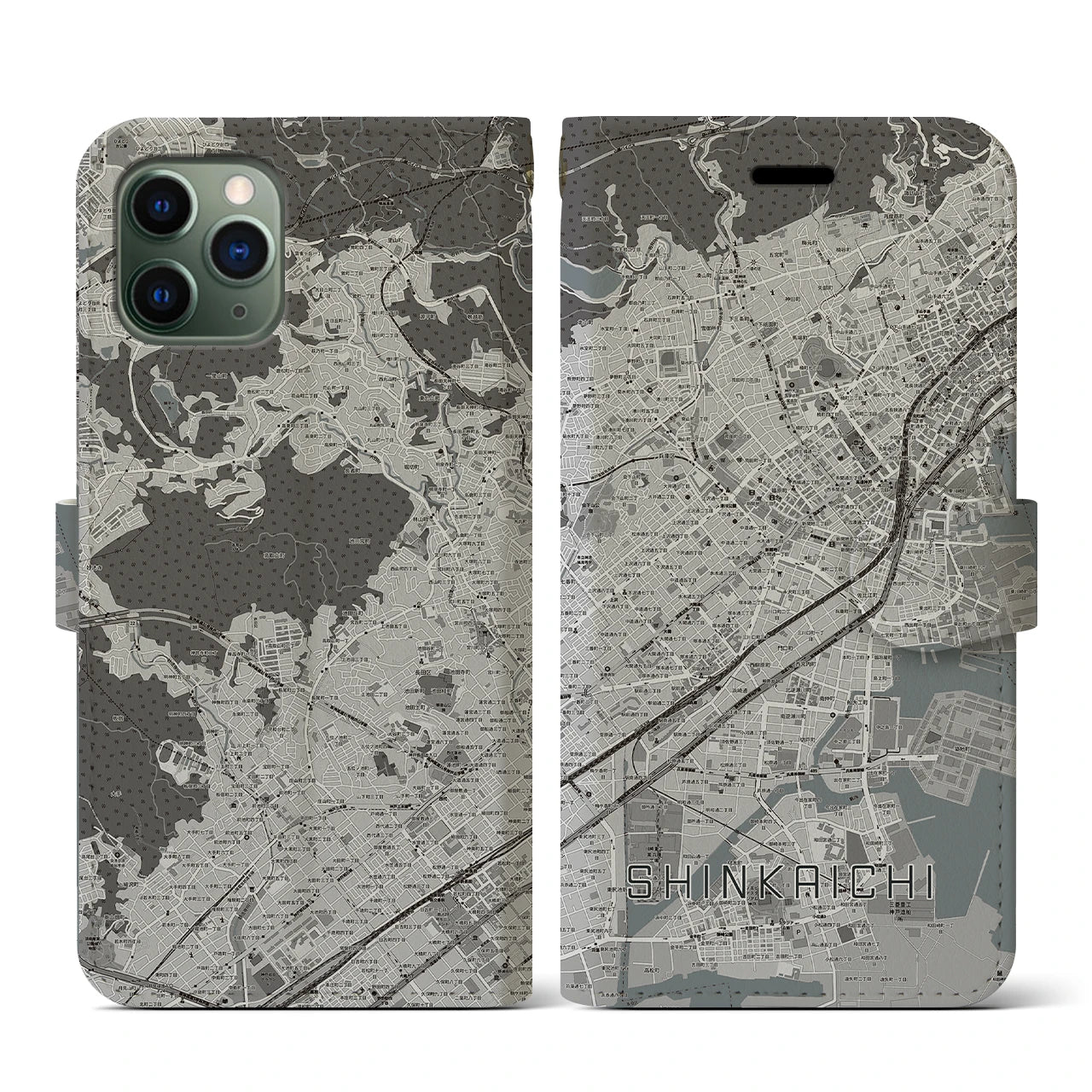 【新開地(兵庫県)】地図柄iPhoneケース(手帳タイプ)モノトーン・iPhone 11 Pro 用