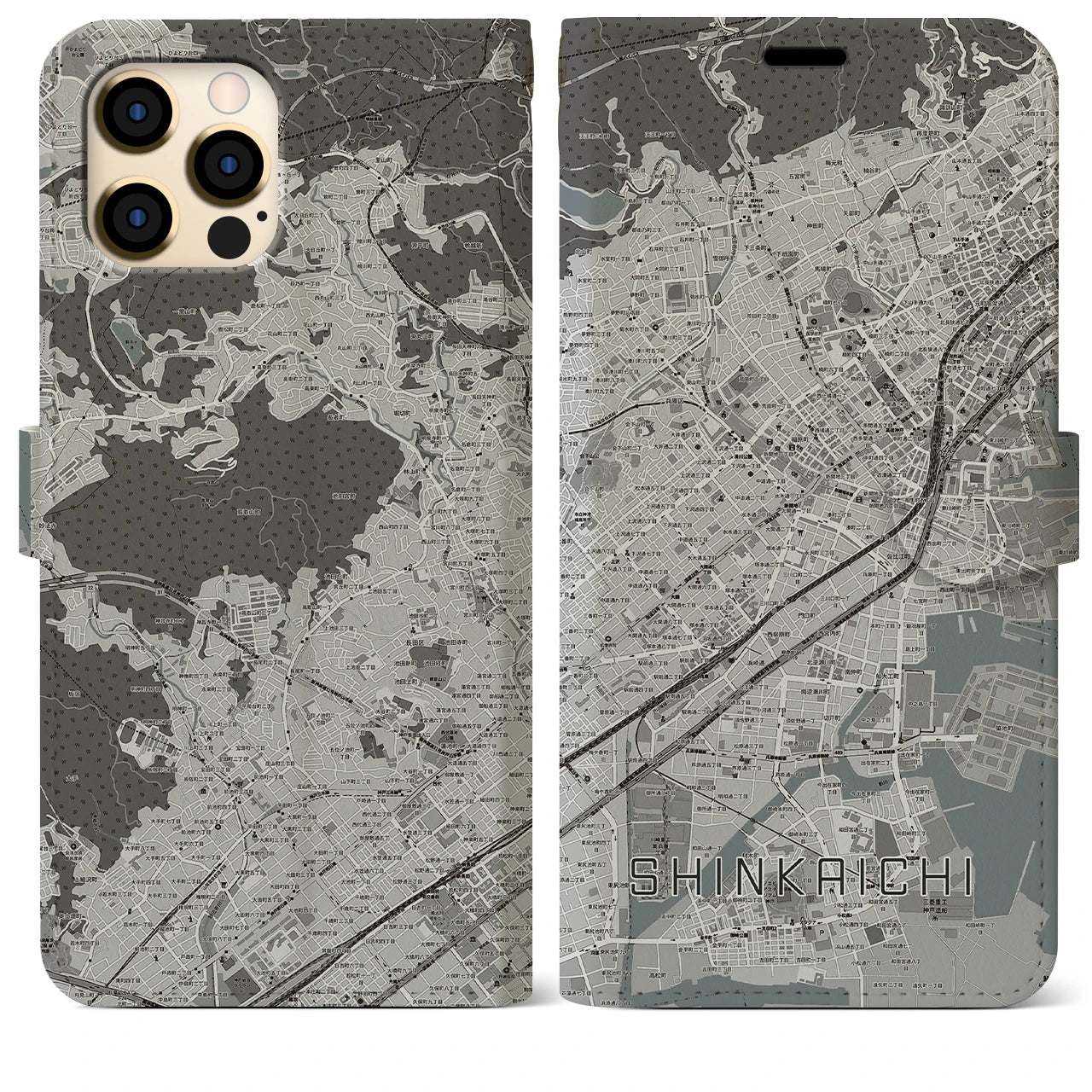 【新開地(兵庫県)】地図柄iPhoneケース(手帳タイプ)モノトーン・iPhone 12 Pro Max 用