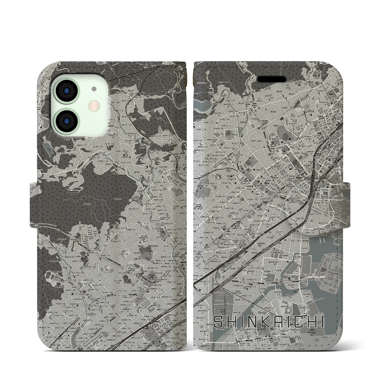 【新開地(兵庫県)】地図柄iPhoneケース(手帳タイプ)モノトーン・iPhone 12 mini 用