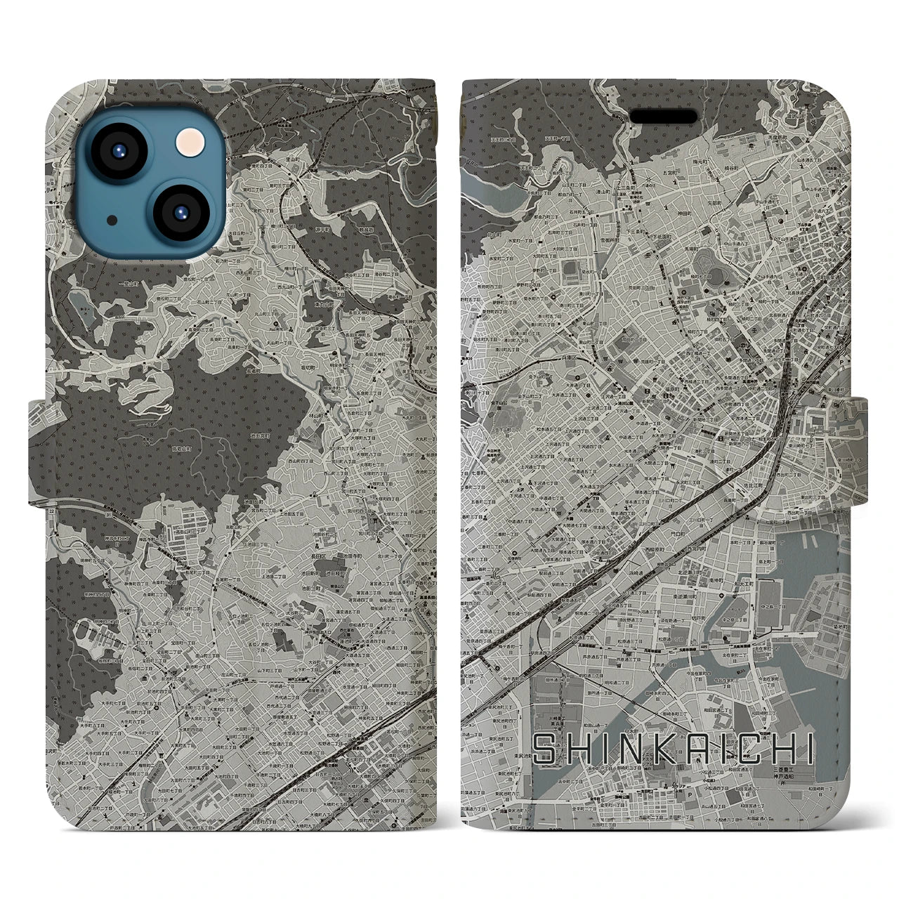 【新開地(兵庫県)】地図柄iPhoneケース(手帳タイプ)モノトーン・iPhone 13 用